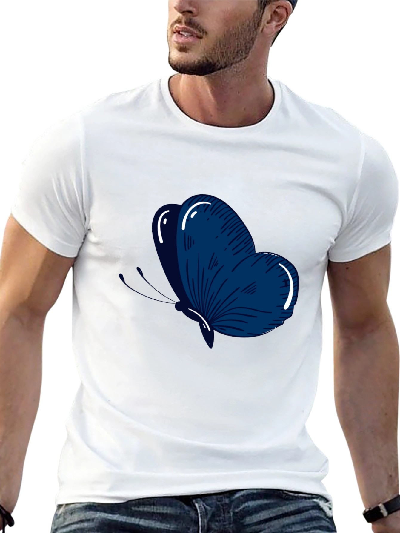 Mens Black T-Shirt with Blue Butterfly Graphic