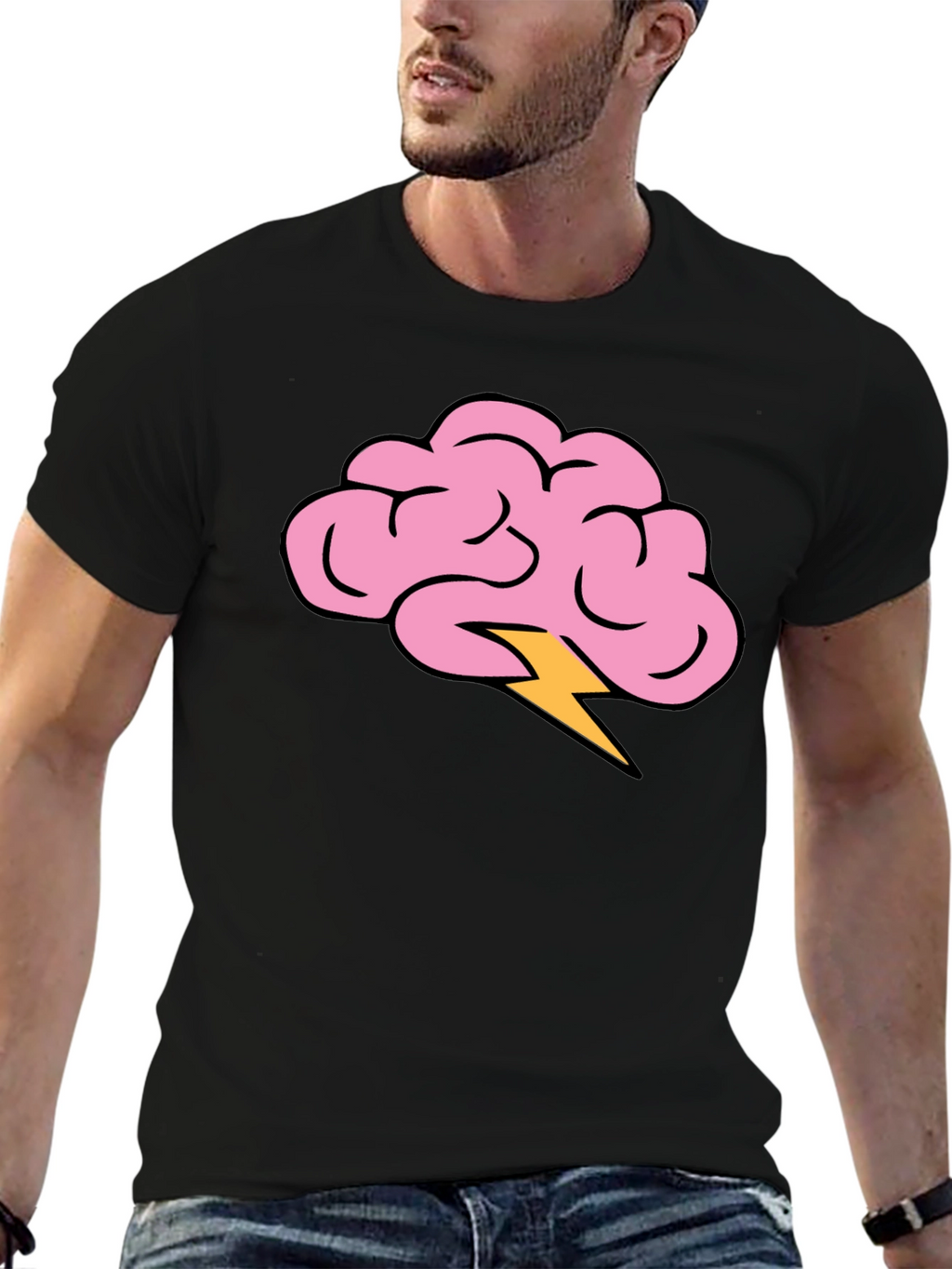 Brain Lightning Bolt Graphic Tee - Black Cotton T-Shirt