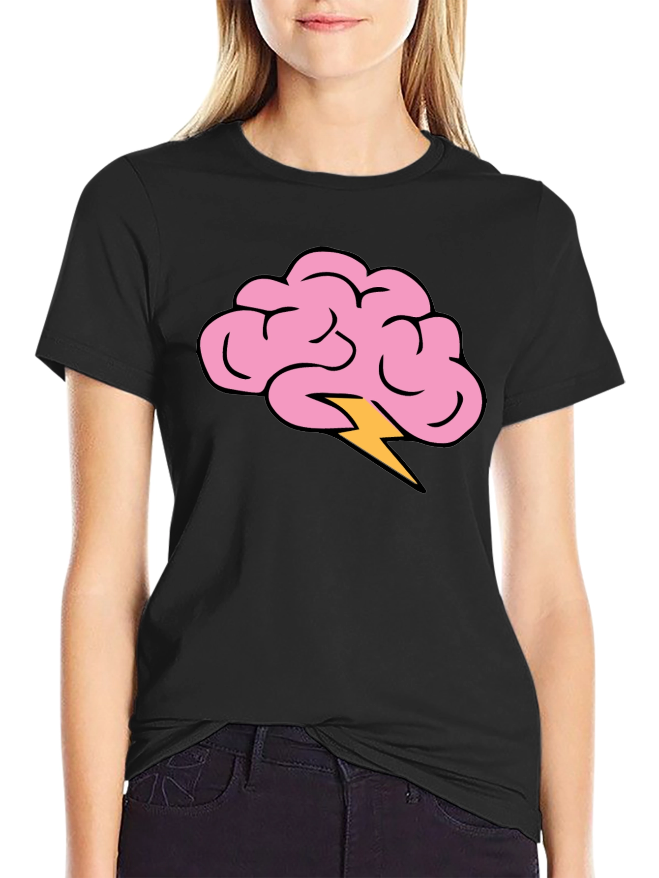 Brain Lightning Bolt Graphic Tee - Black Cotton T-Shirt