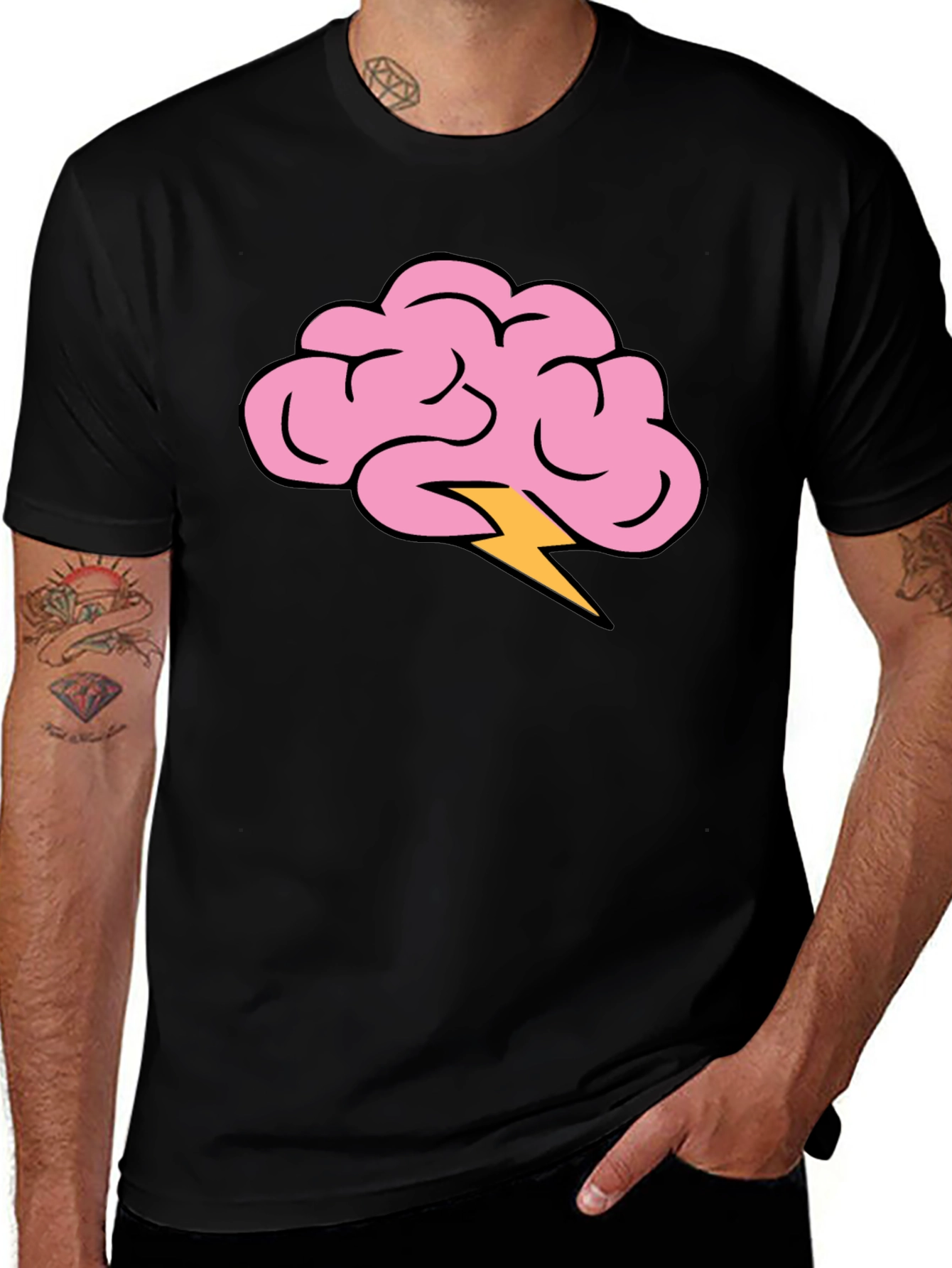 Brain Lightning Bolt Graphic Tee - Black Cotton T-Shirt