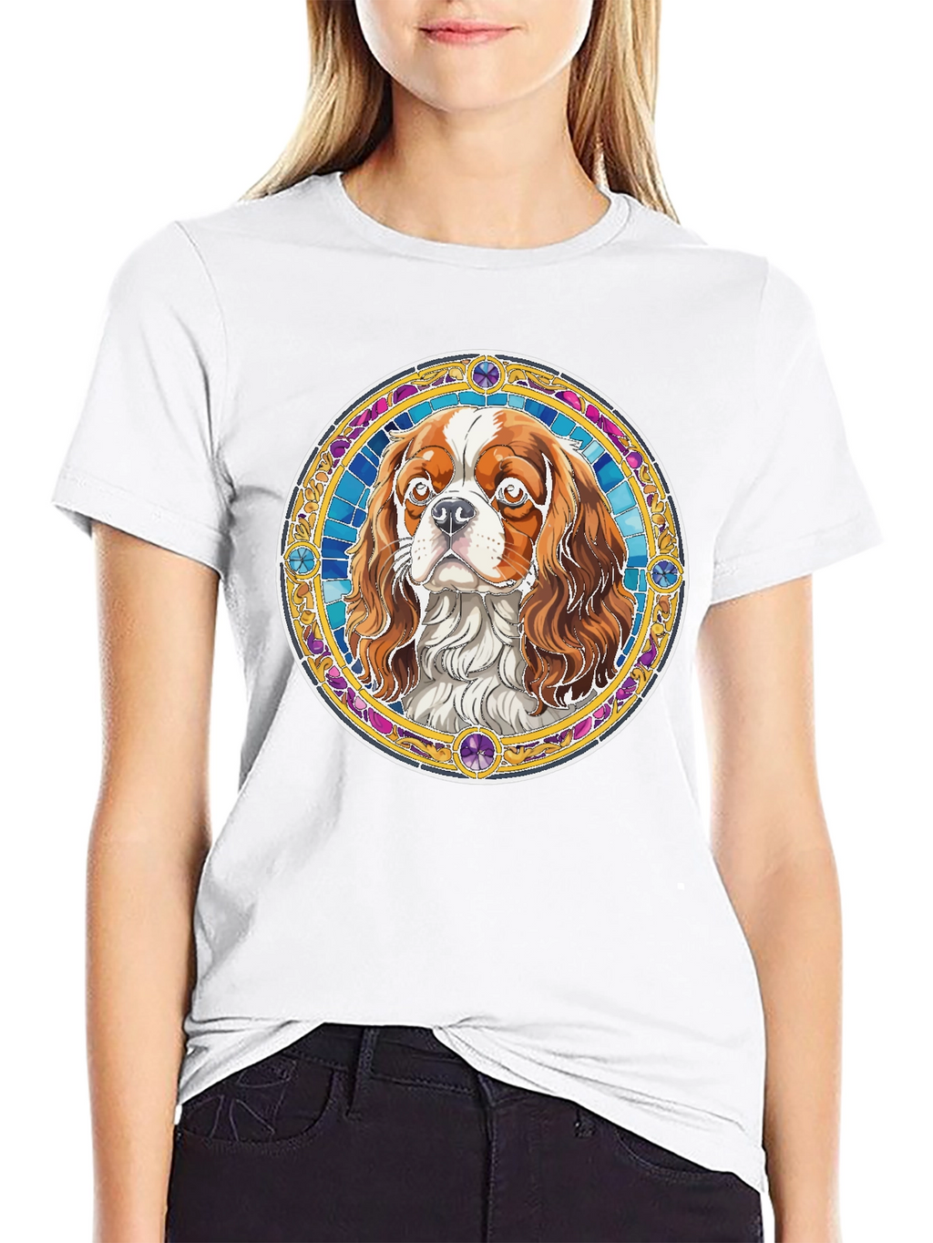 Cavalier King Charles Spaniel Stained Glass Style T-Shirt