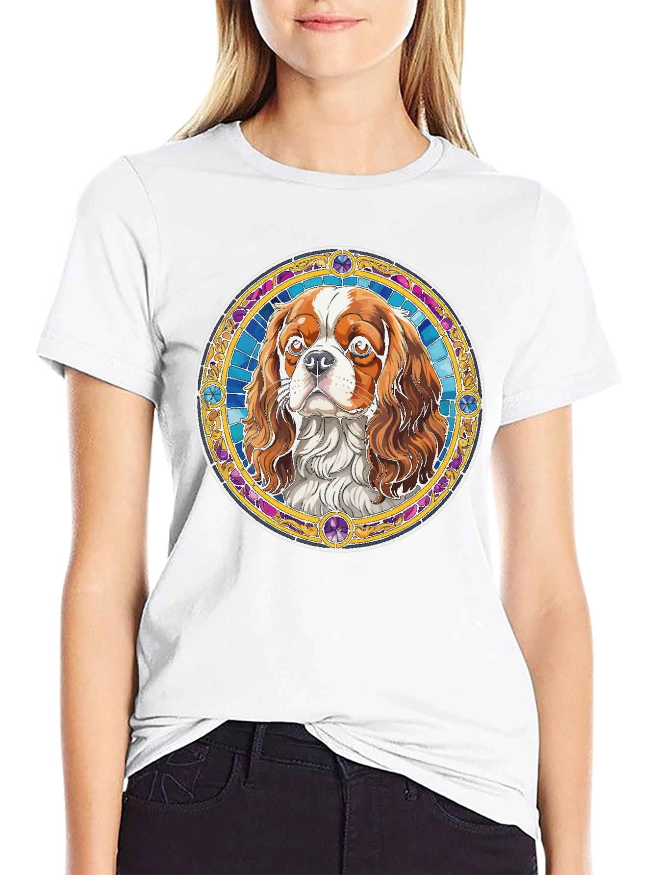 Cavalier King Charles Spaniel Stained Glass Style T-Shirt