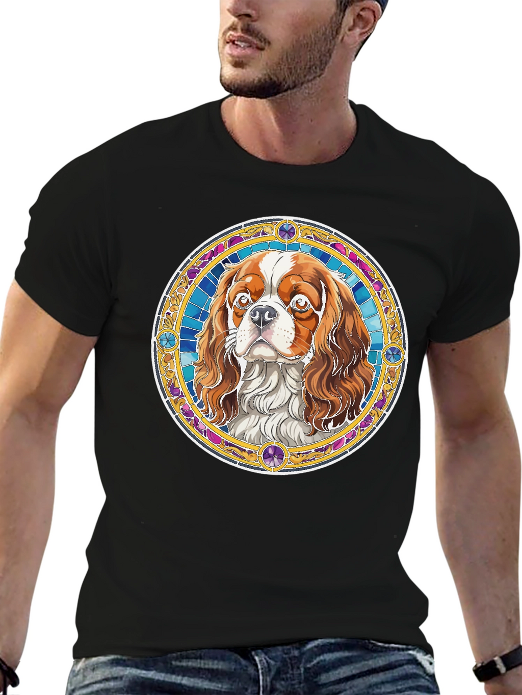 Cavalier King Charles Spaniel Stained Glass Style T-Shirt