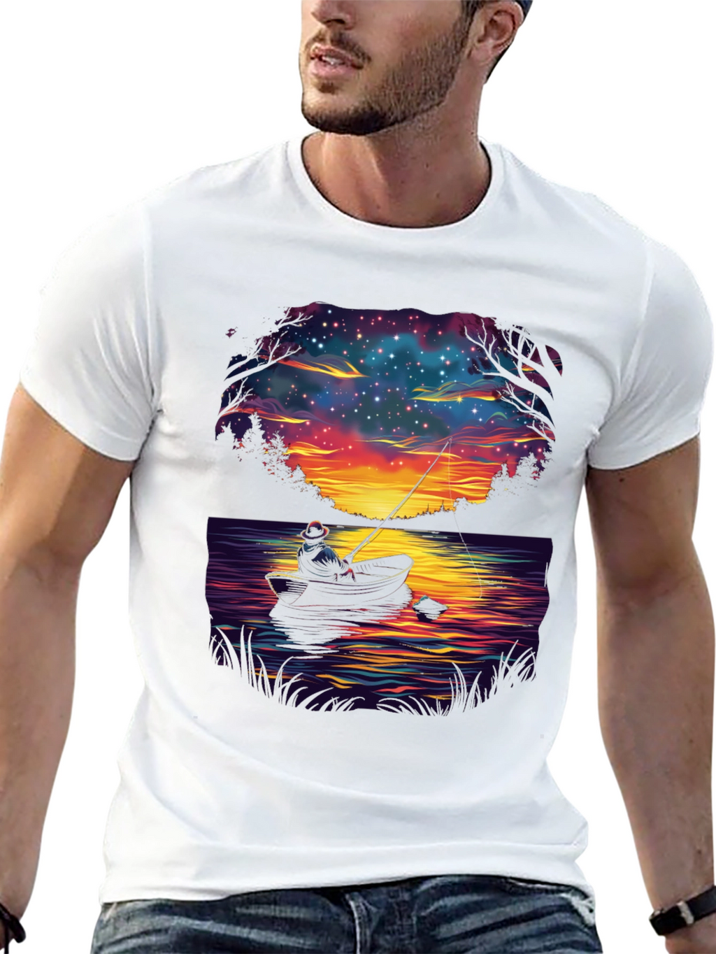 Fisherman Night Sky Graphic T-Shirt
