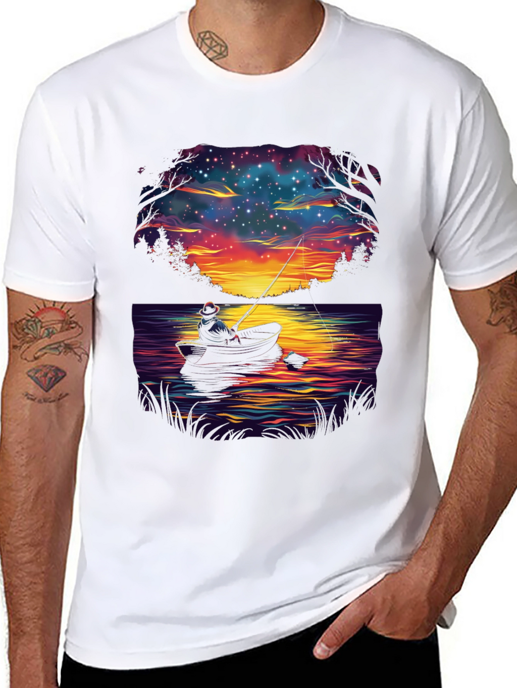 Fisherman Night Sky Graphic T-Shirt