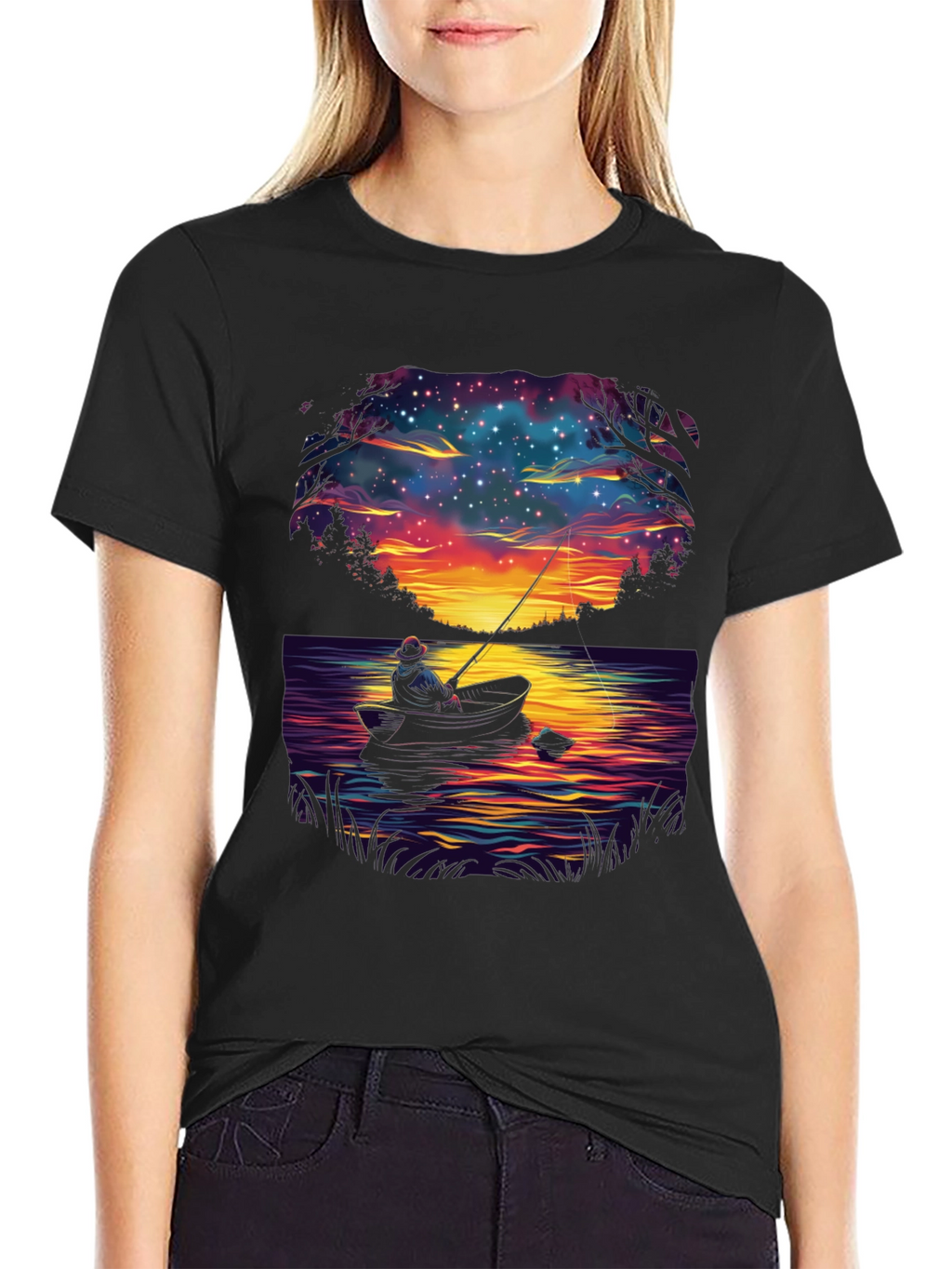 Fisherman Night Sky Graphic T-Shirt