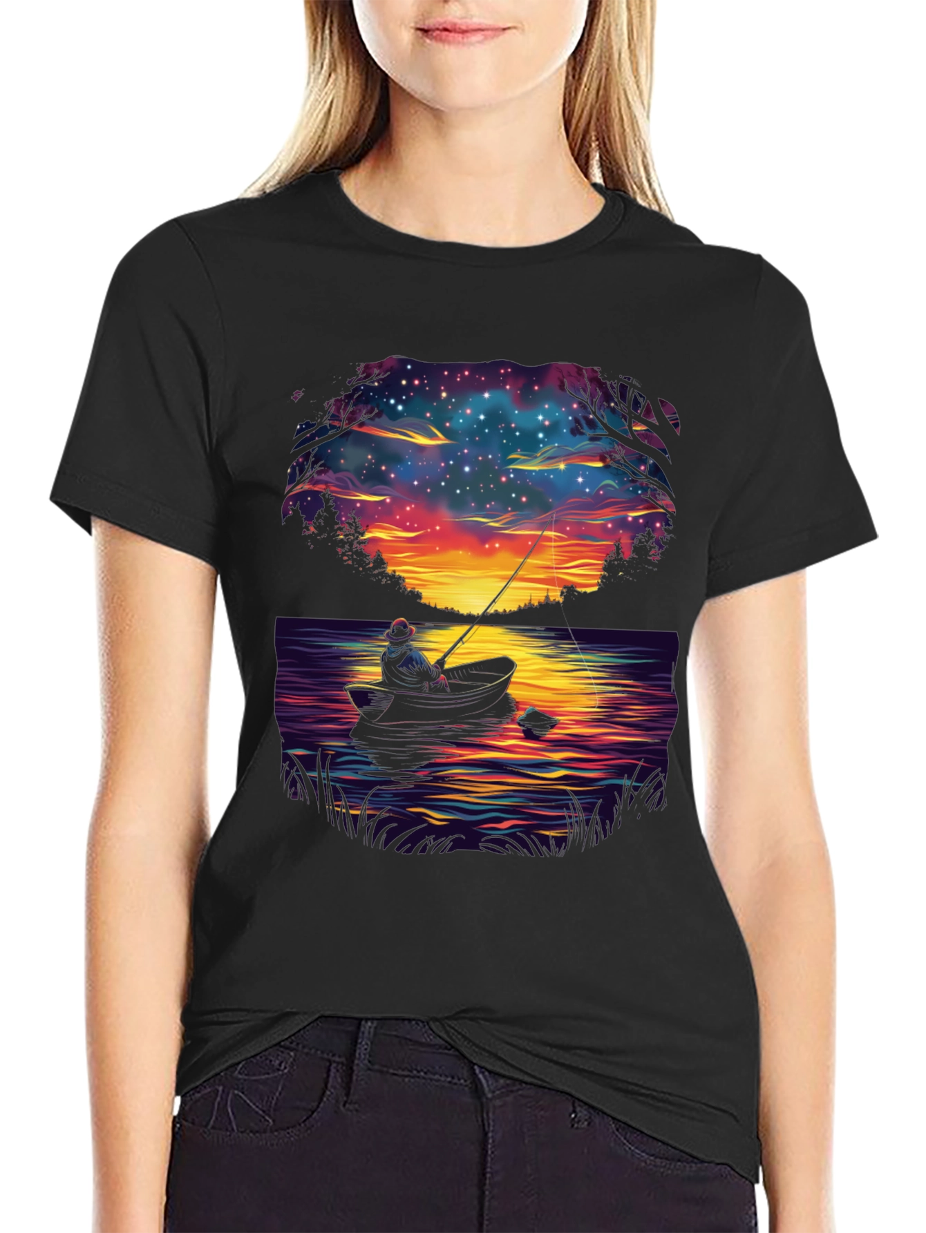 Fisherman Night Sky Graphic T-Shirt