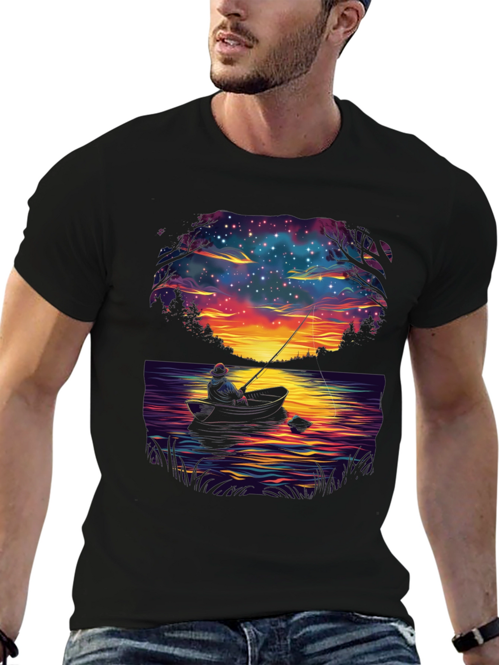 Fisherman Night Sky Graphic T-Shirt