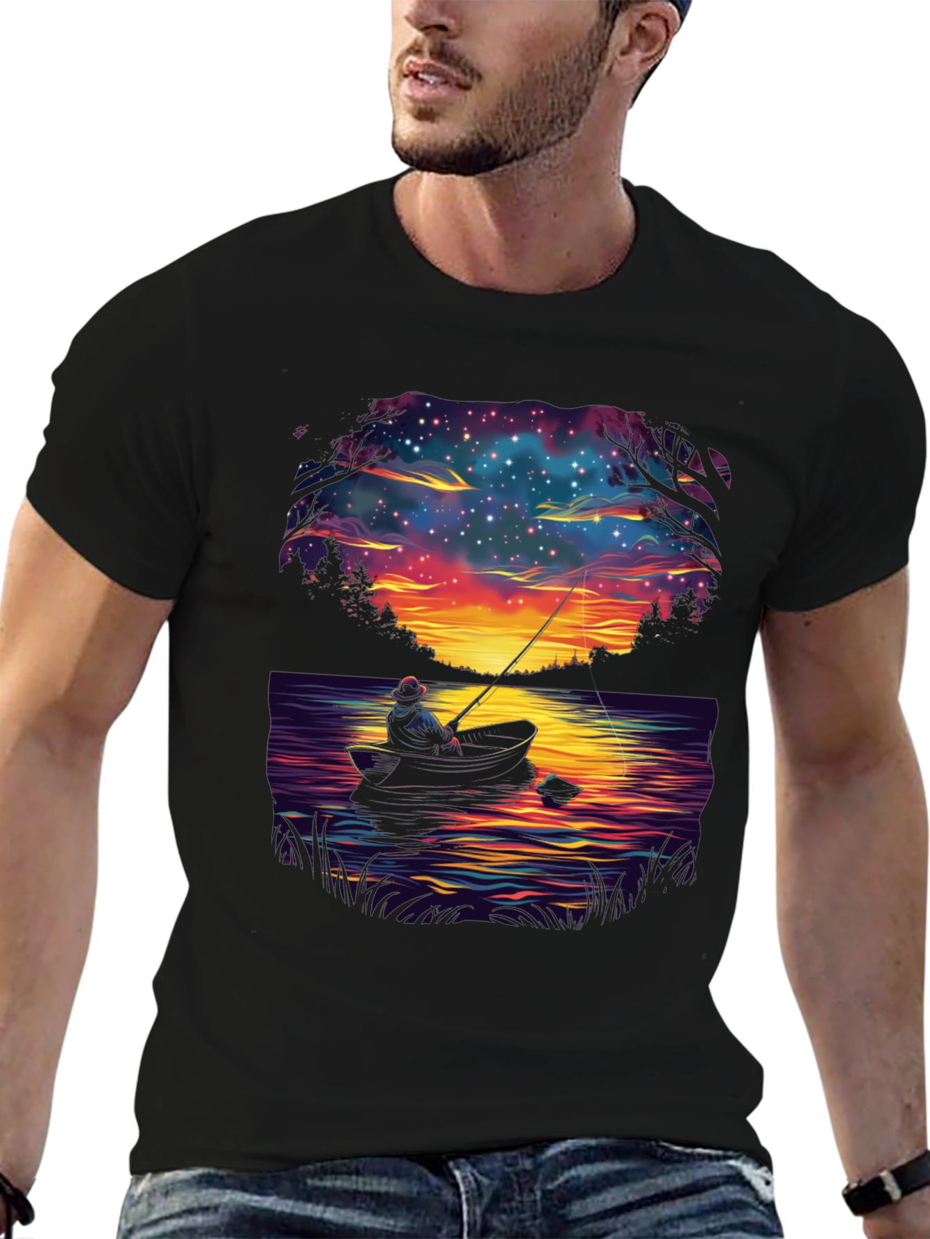 Fisherman Night Sky Graphic T-Shirt