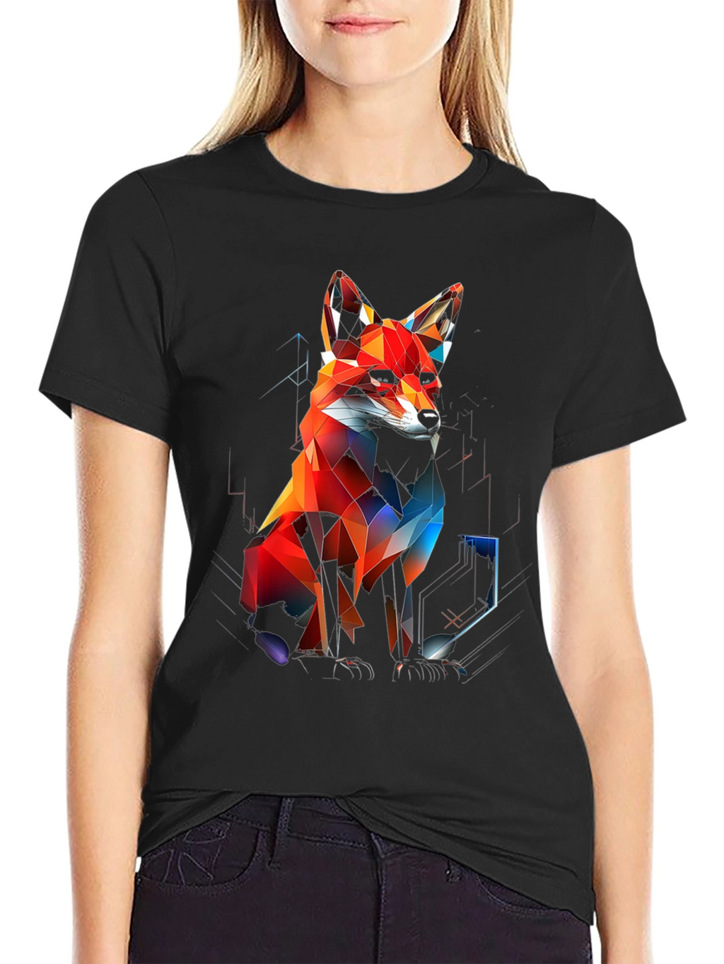 Geometric Fox Graphic Black T-Shirt