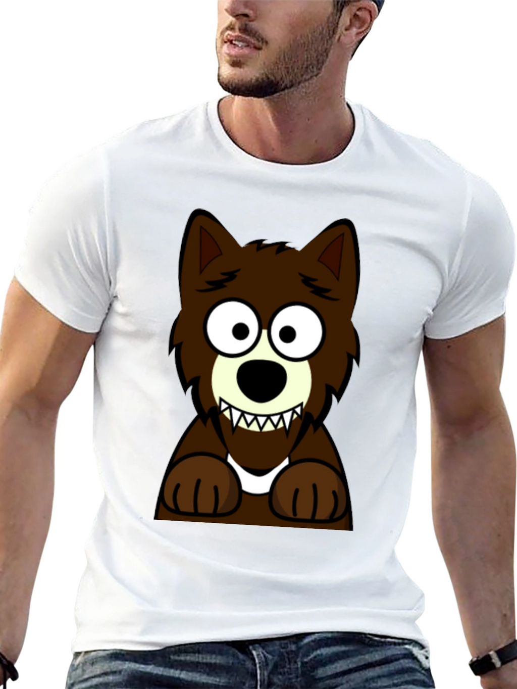 Cartoon Wolf Graphic Tee -  Black Cotton T-Shirt