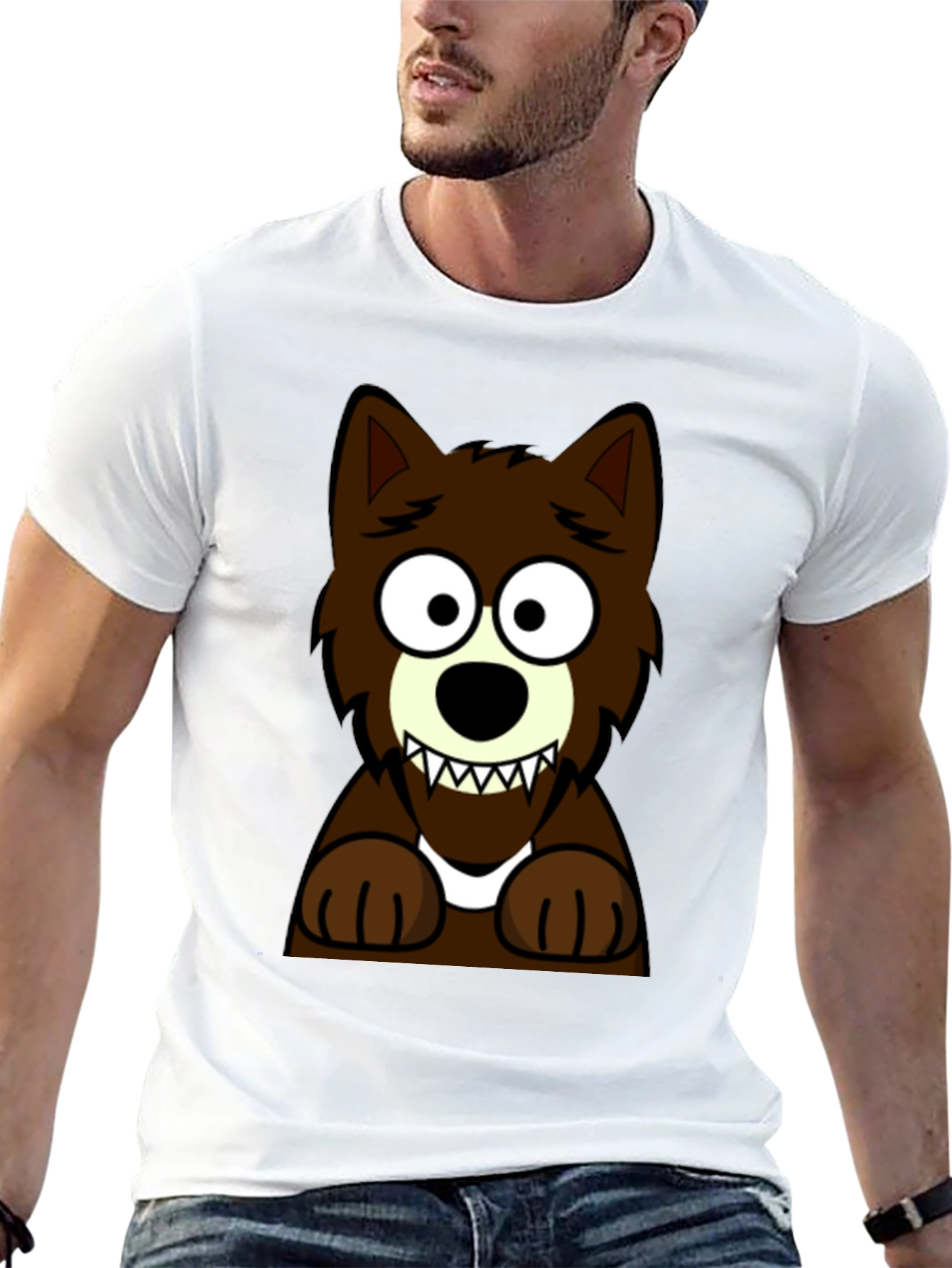 Cartoon Wolf Graphic Tee -  Black Cotton T-Shirt