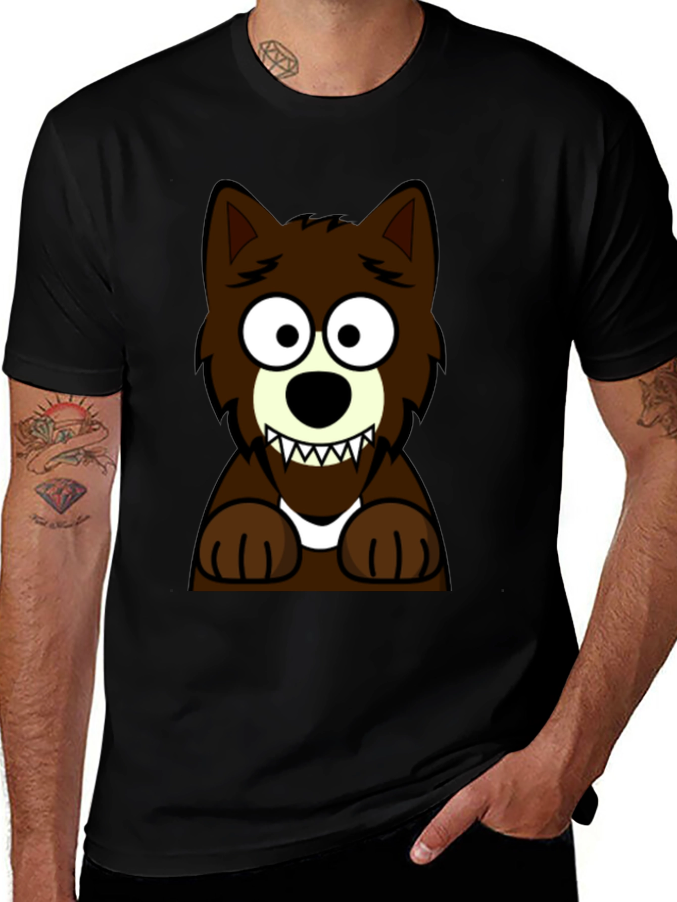 Cartoon Wolf Graphic Tee -  Black Cotton T-Shirt