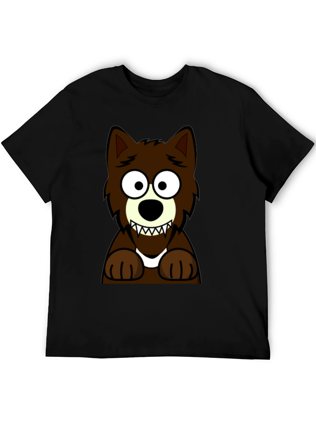 Cartoon Wolf Graphic Tee -  Black Cotton T-Shirt