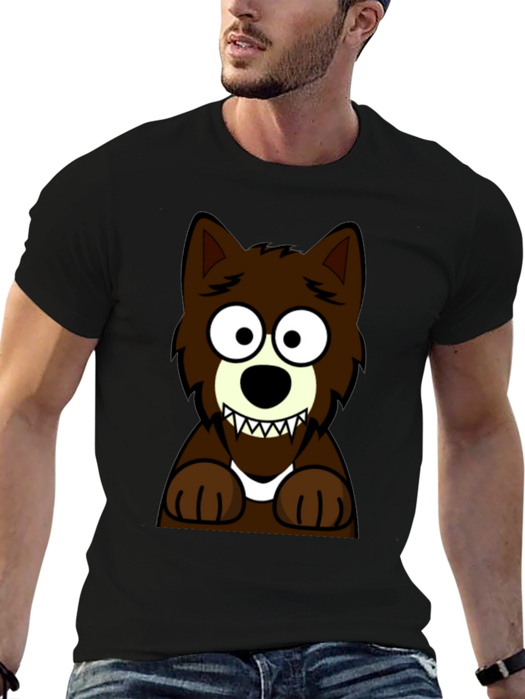 Cartoon Wolf Graphic Tee -  Black Cotton T-Shirt