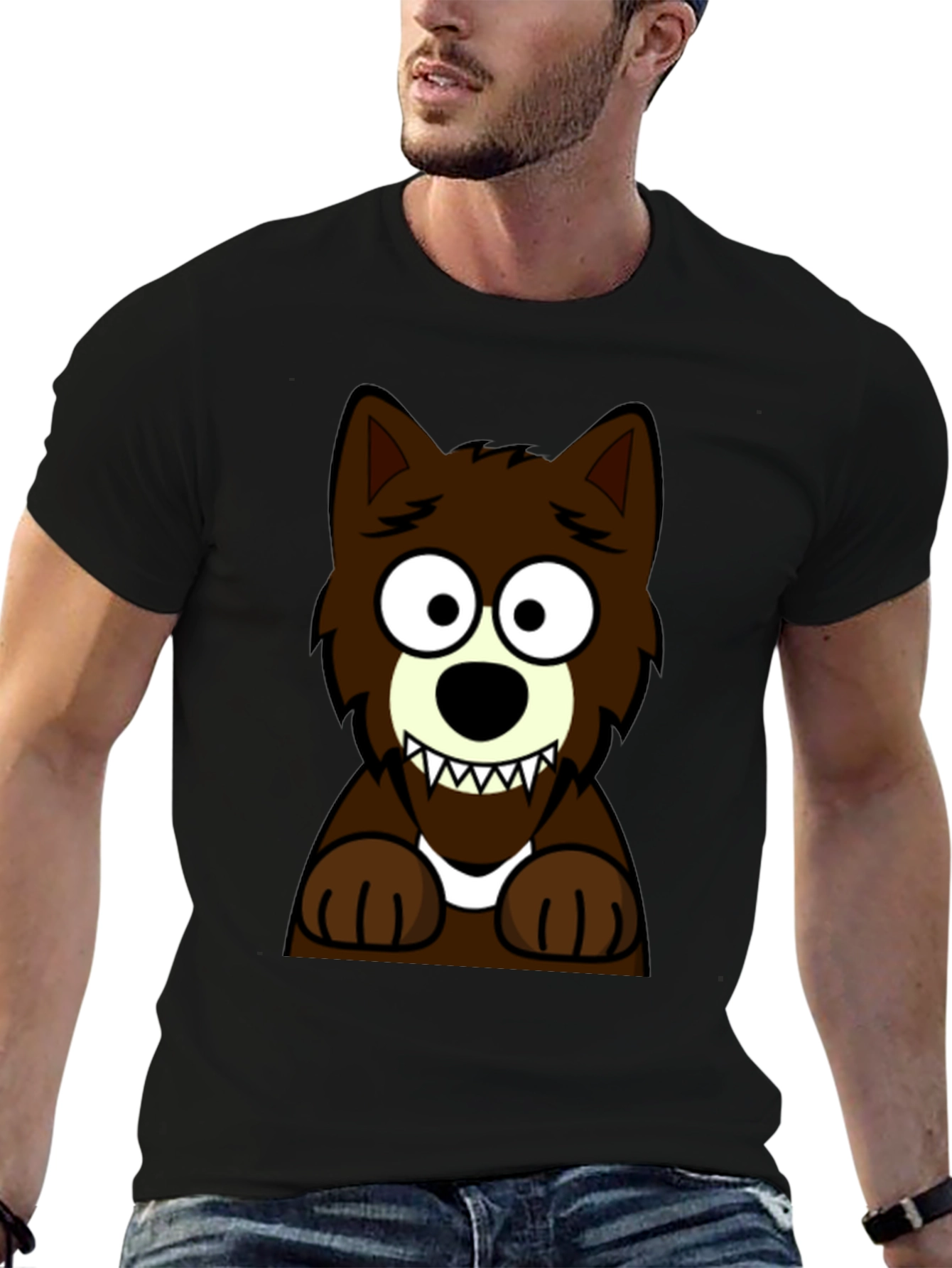 Cartoon Wolf Graphic Tee -  Black Cotton T-Shirt