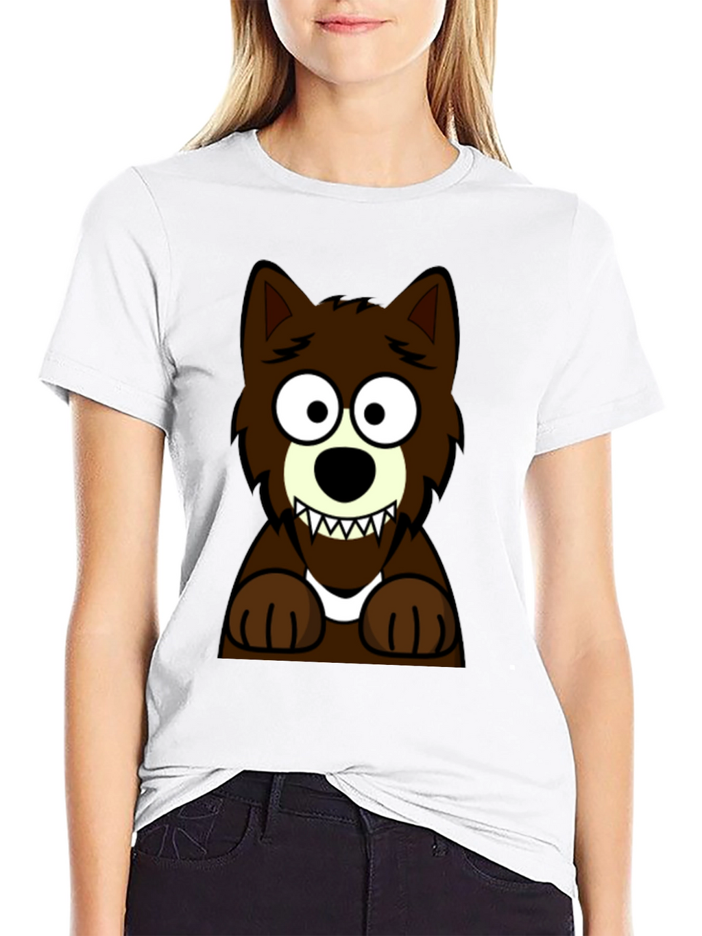 Cartoon Wolf Graphic Tee -  Black Cotton T-Shirt