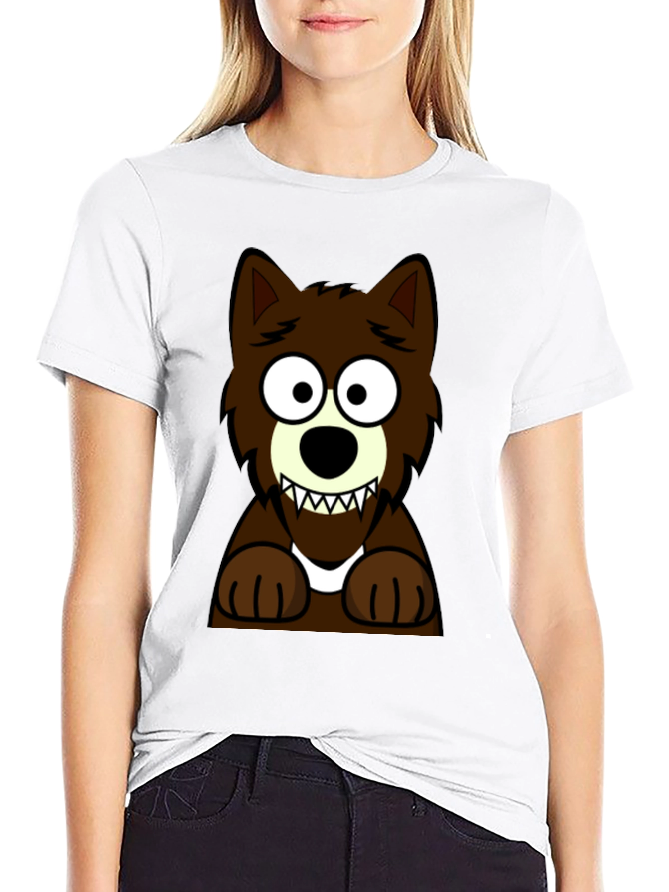 Cartoon Wolf Graphic Tee -  Black Cotton T-Shirt
