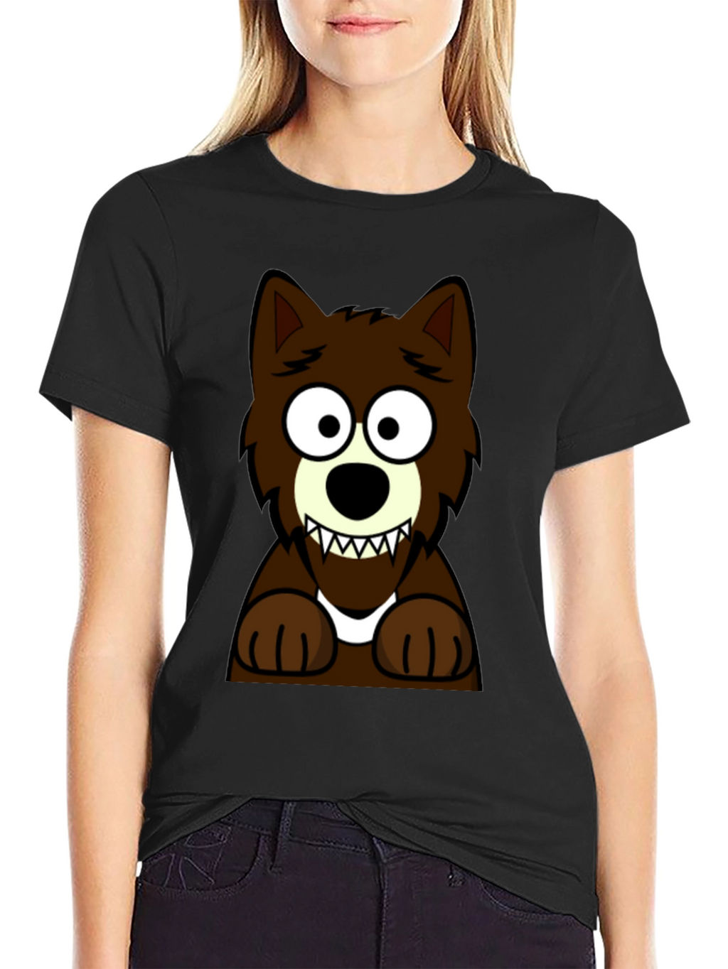 Cartoon Wolf Graphic Tee -  Black Cotton T-Shirt