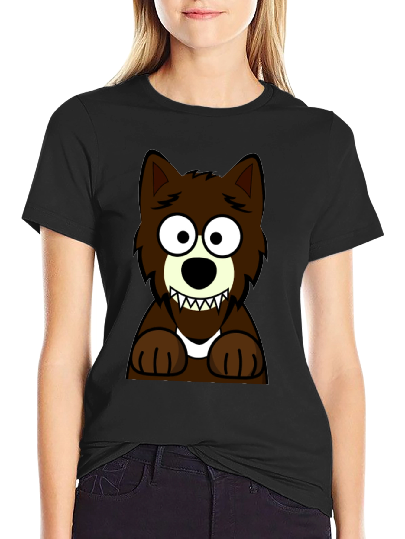 Cartoon Wolf Graphic Tee -  Black Cotton T-Shirt