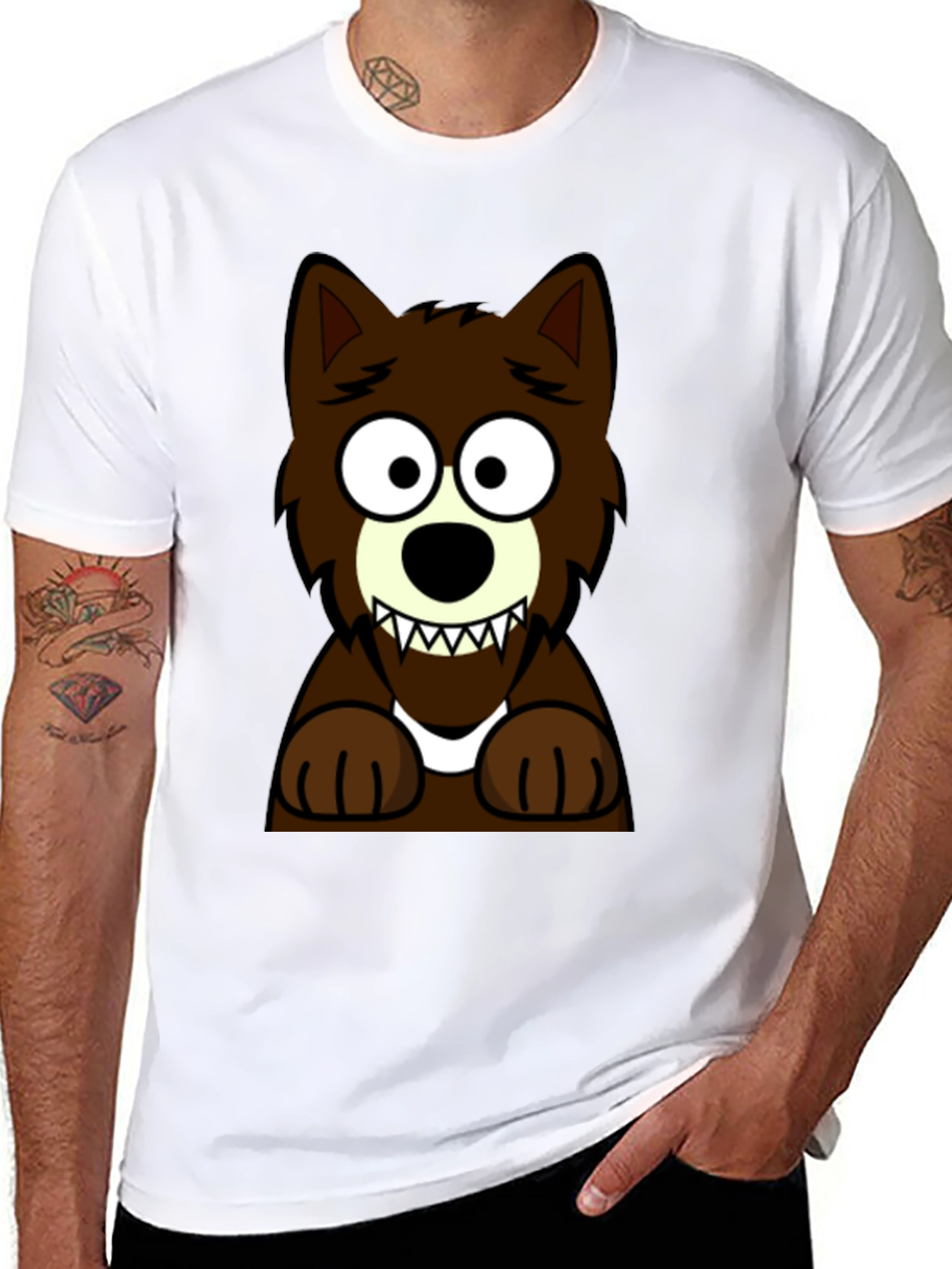 Cartoon Wolf Graphic Tee -  Black Cotton T-Shirt