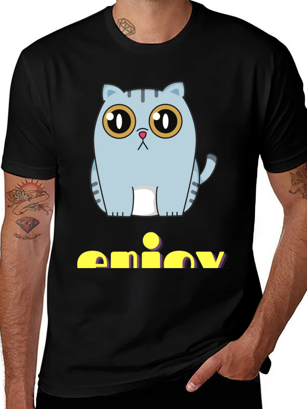 Cute Cat Graphic Print Black T-Shirt