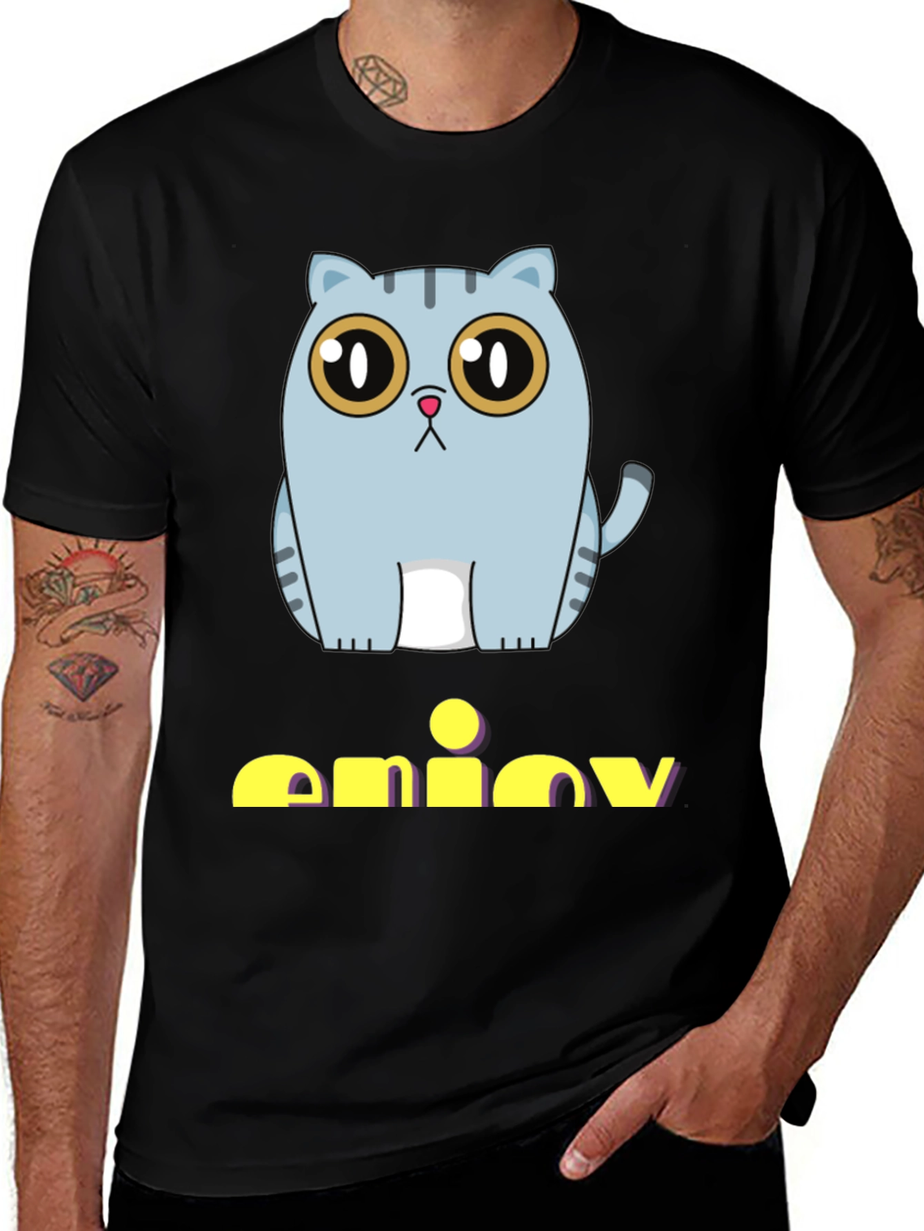 Cute Cat Graphic Print Black T-Shirt