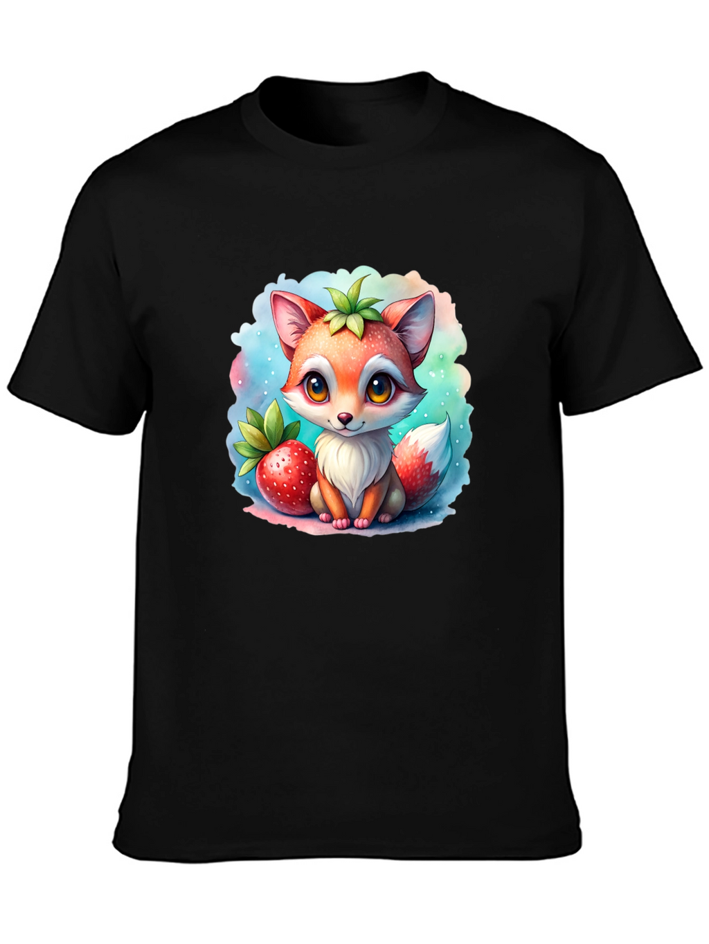 Cute Fox & Strawberry Black T-Shirt