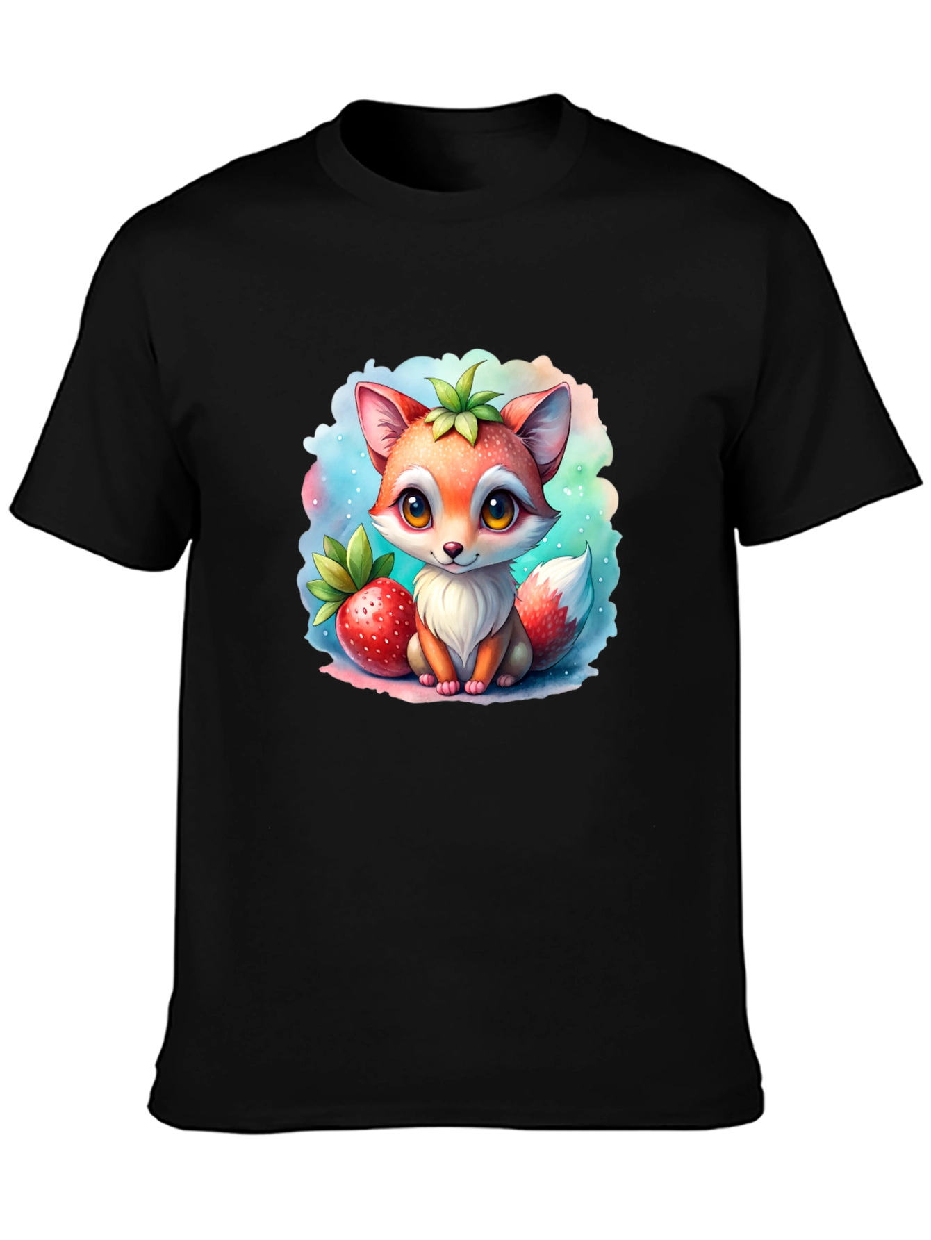 Cute Fox & Strawberry Black T-Shirt