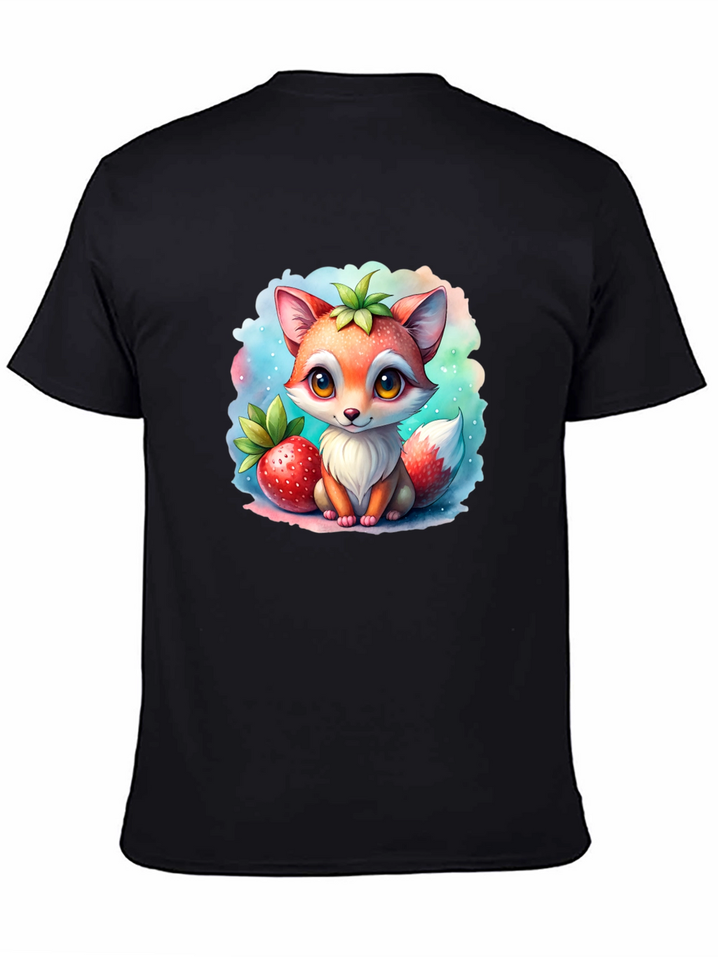 Cute Fox & Strawberry Black T-Shirt