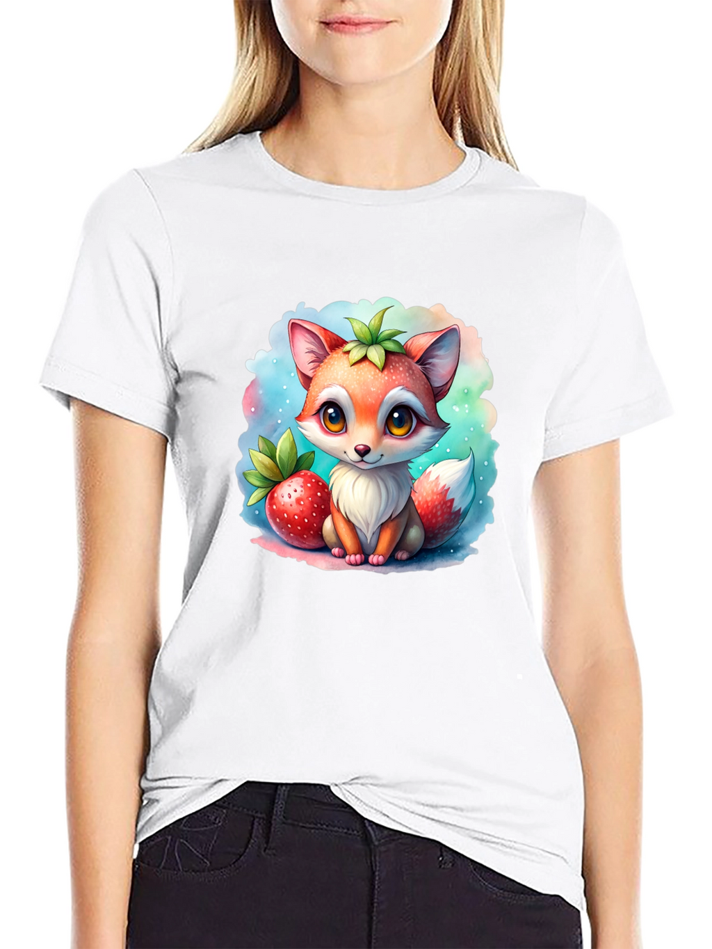 Cute Fox & Strawberry Black T-Shirt