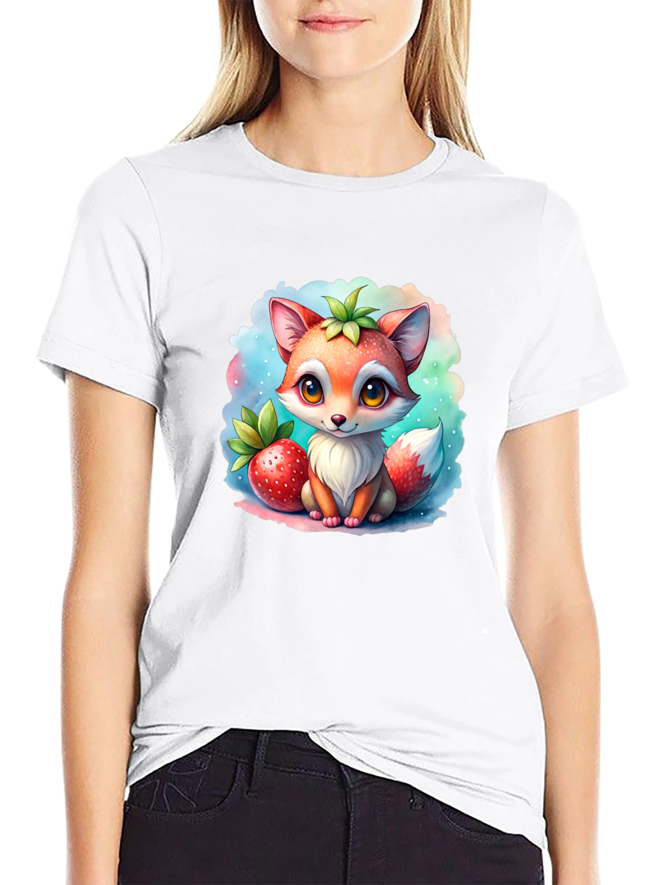 Cute Fox & Strawberry Black T-Shirt