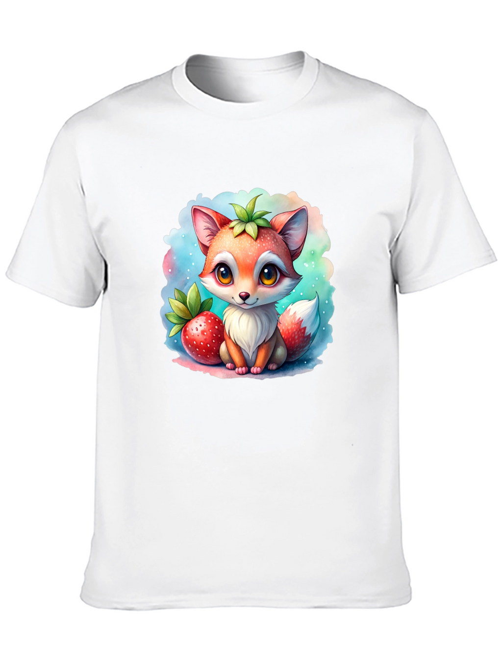 Cute Fox & Strawberry Black T-Shirt