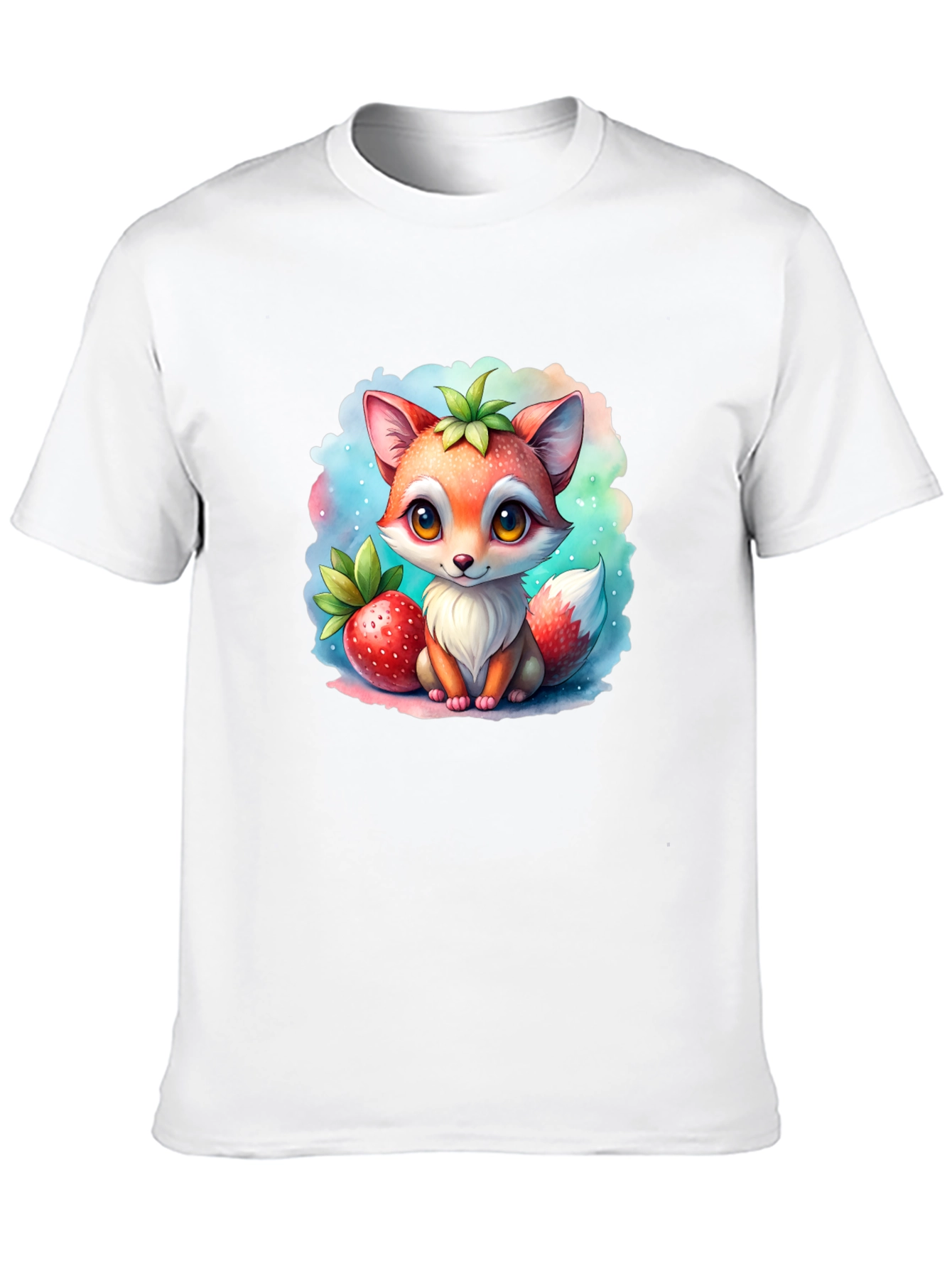 Cute Fox & Strawberry Black T-Shirt