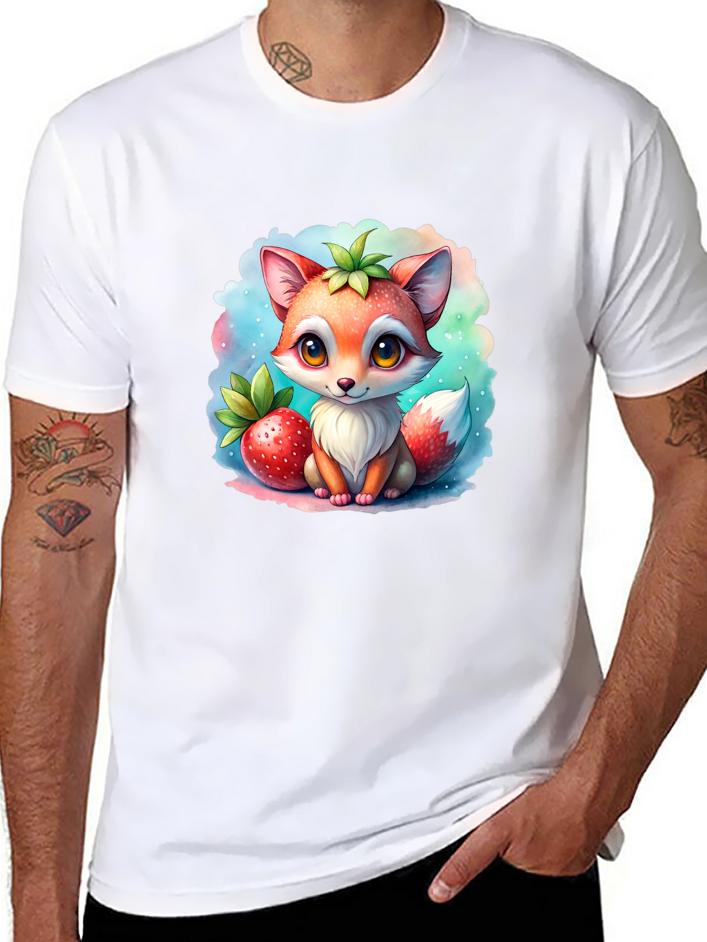 Cute Fox & Strawberry Black T-Shirt