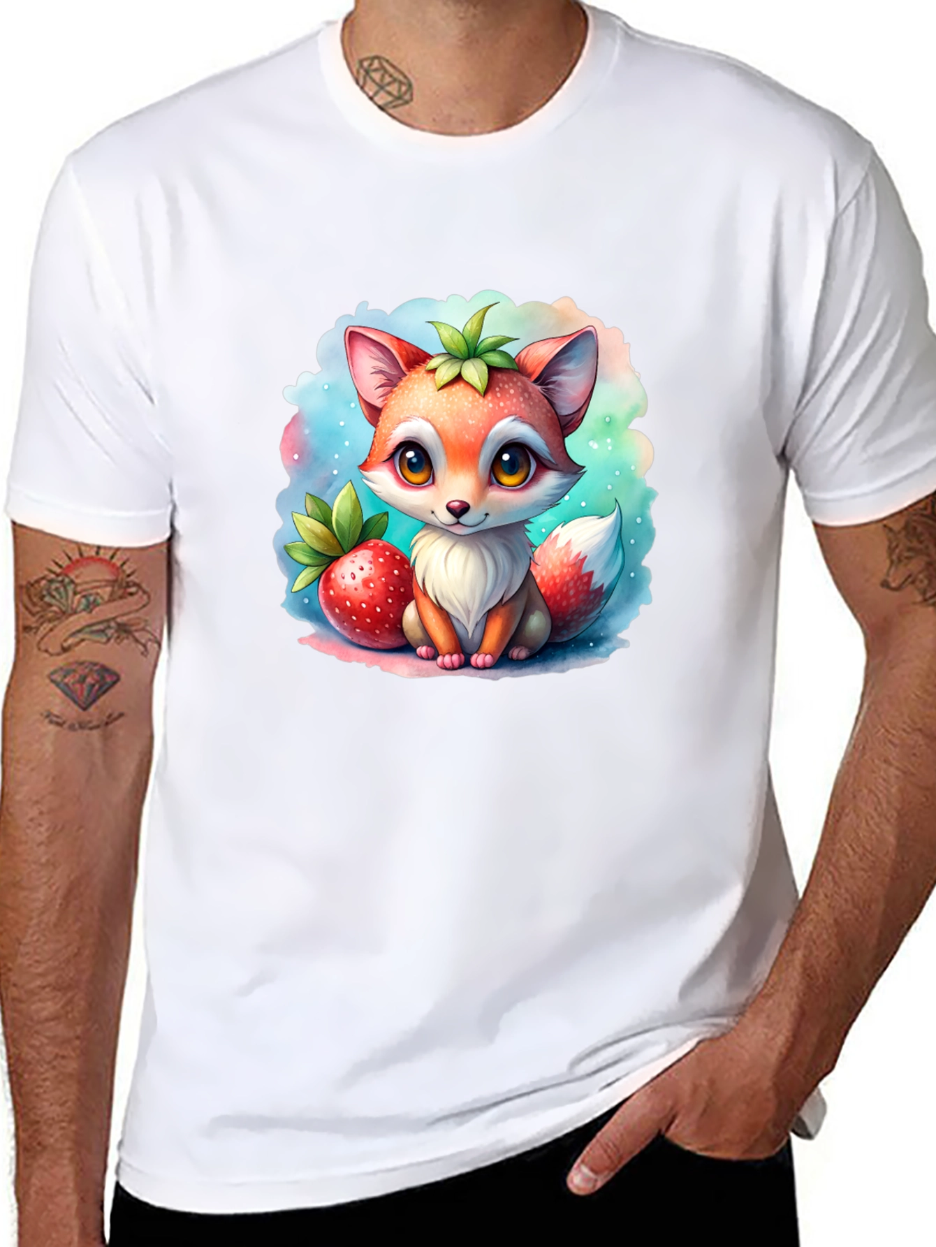 Cute Fox & Strawberry Black T-Shirt