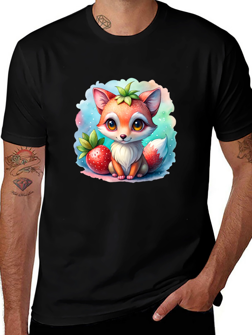Cute Fox & Strawberry Black T-Shirt