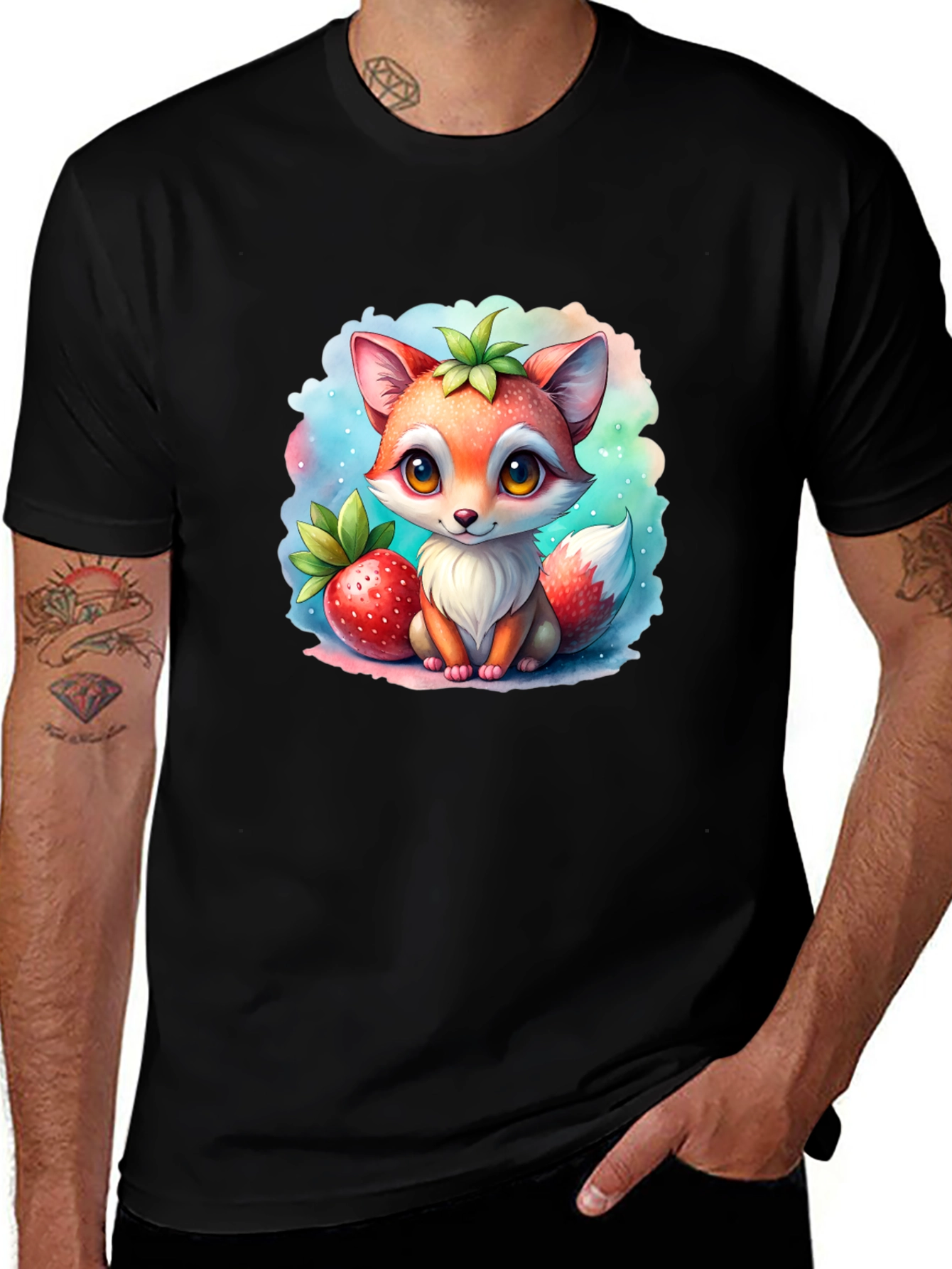 Cute Fox & Strawberry Black T-Shirt