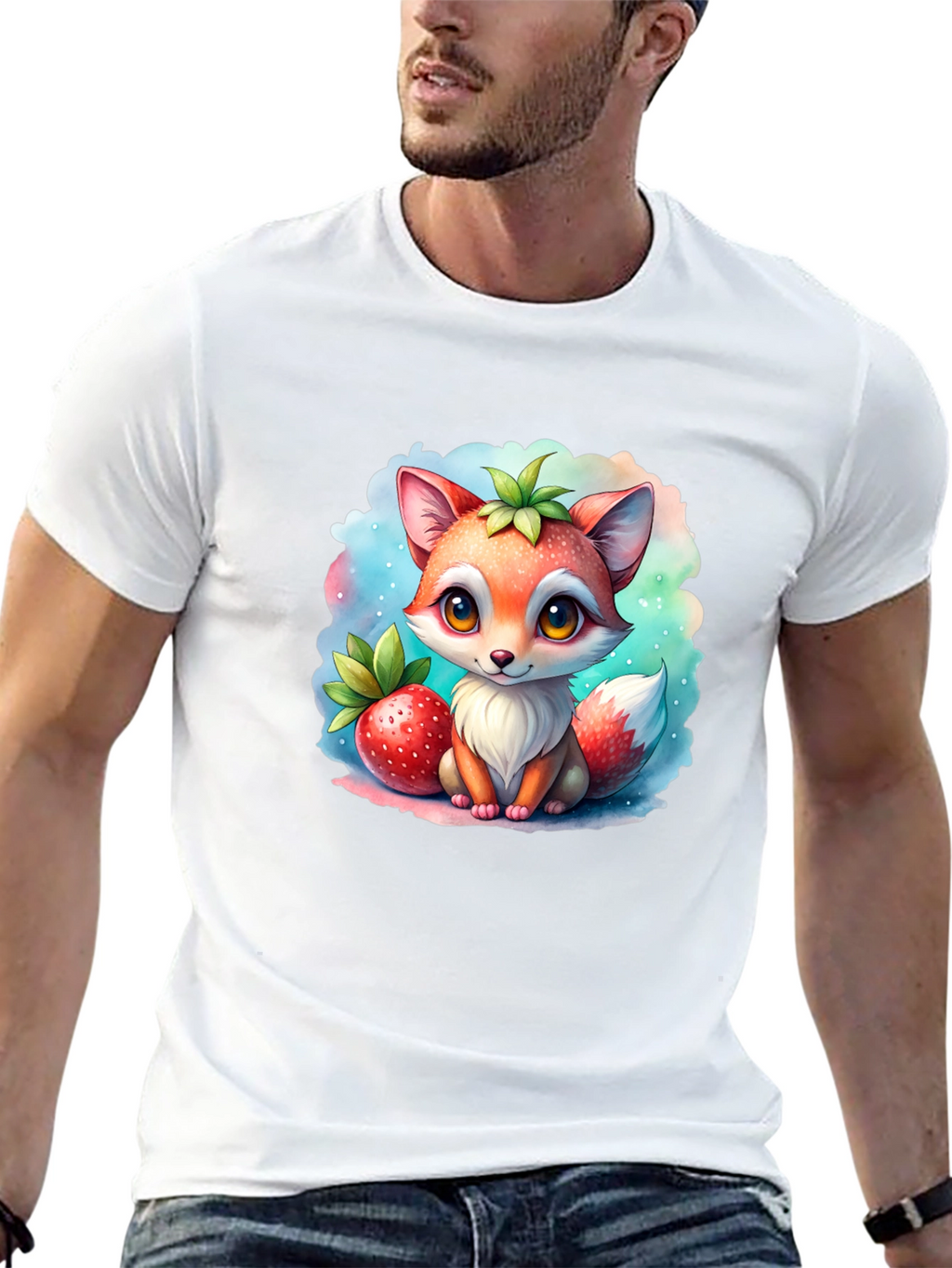 Cute Fox & Strawberry Black T-Shirt