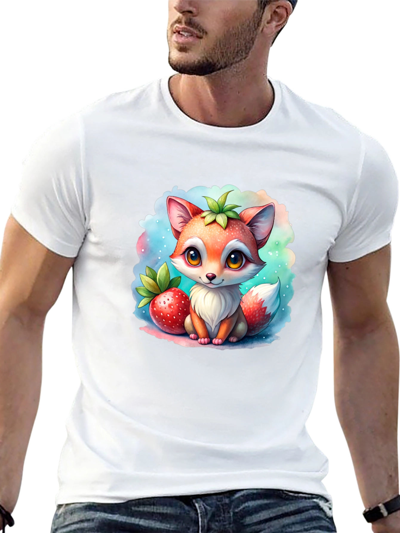 Cute Fox & Strawberry Black T-Shirt
