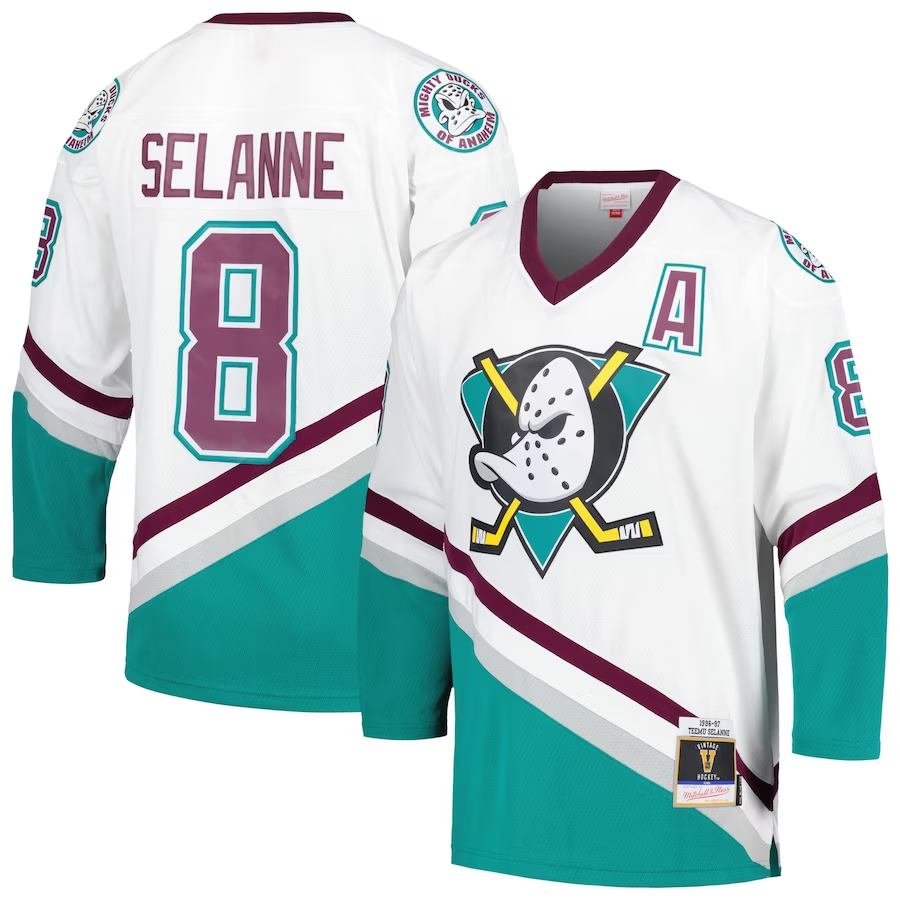 Men's Anaheim Ducks Teemu Selanne Mitchell #8 Ness White 1996/97 Blue Line Player Jerseys