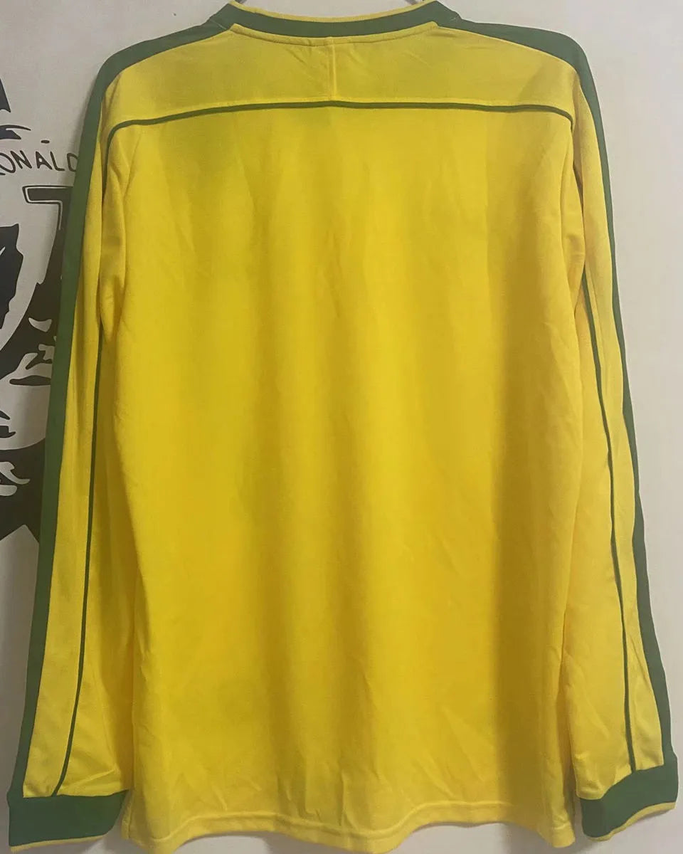 1998 Brazil Home Yellow Retro Long Sleeve Jersey (No small fonts on the chest) Back