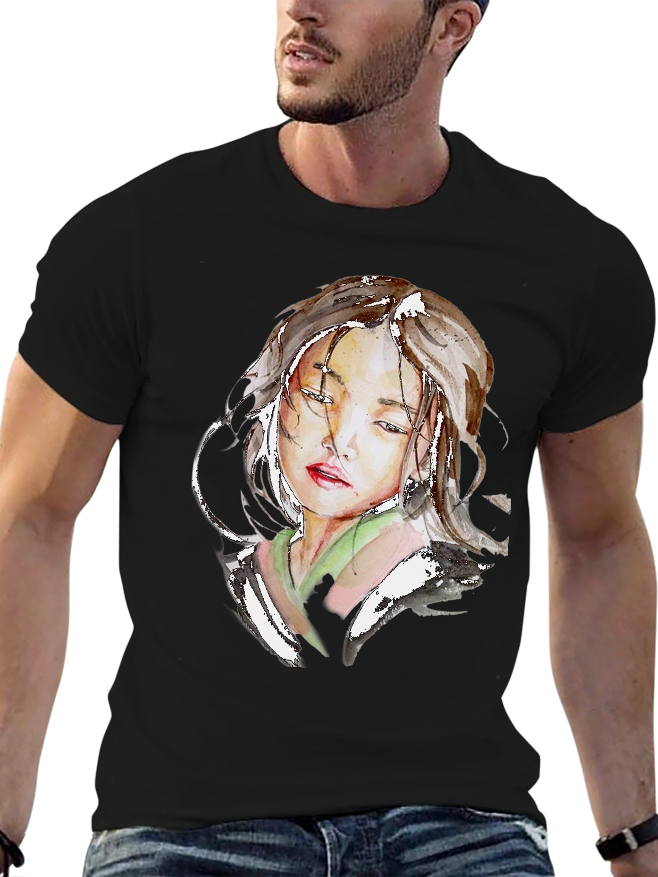 Watercolor Portrait Graphic Black T-Shirt