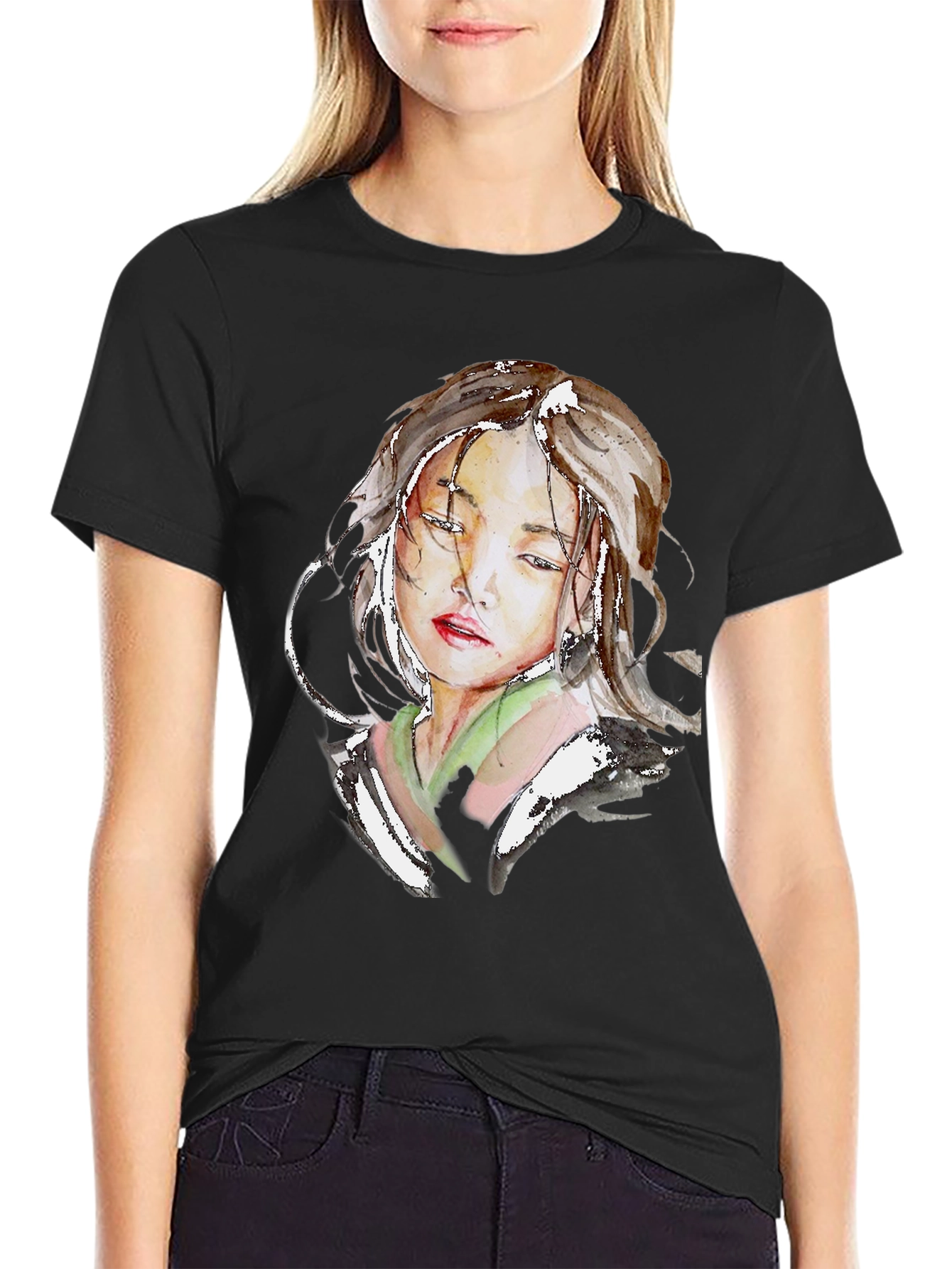 Watercolor Portrait Graphic Black T-Shirt