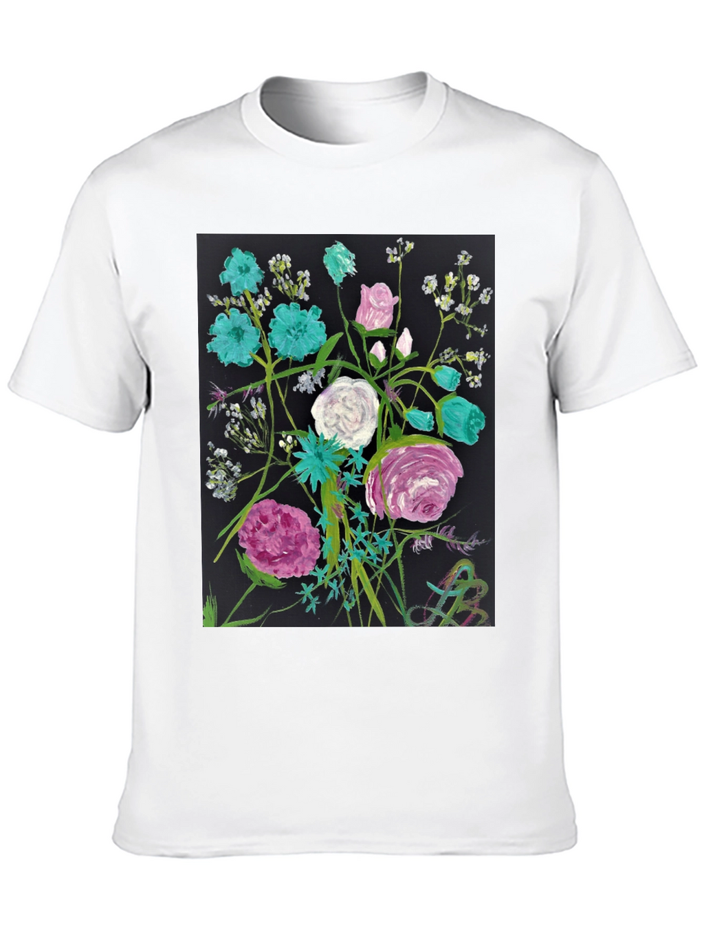 Floral Art Black T-Shirt - Unique Painted Design