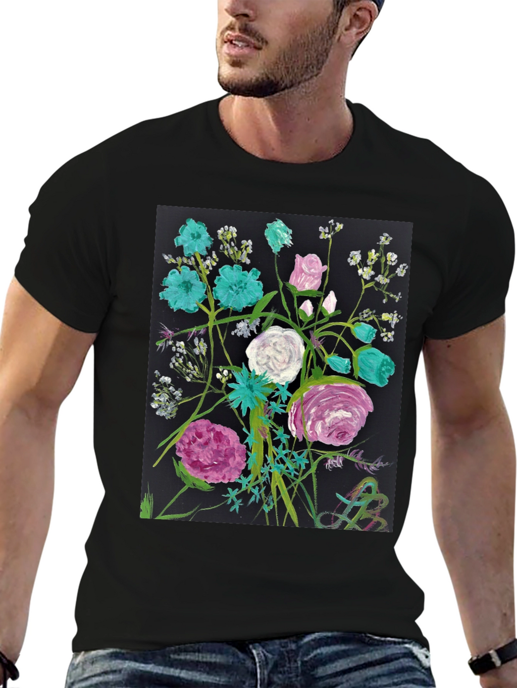 Floral Art Black T-Shirt - Unique Painted Design