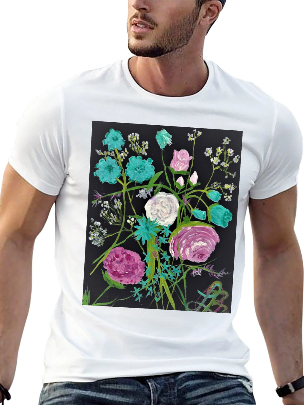 Floral Art Black T-Shirt - Unique Painted Design