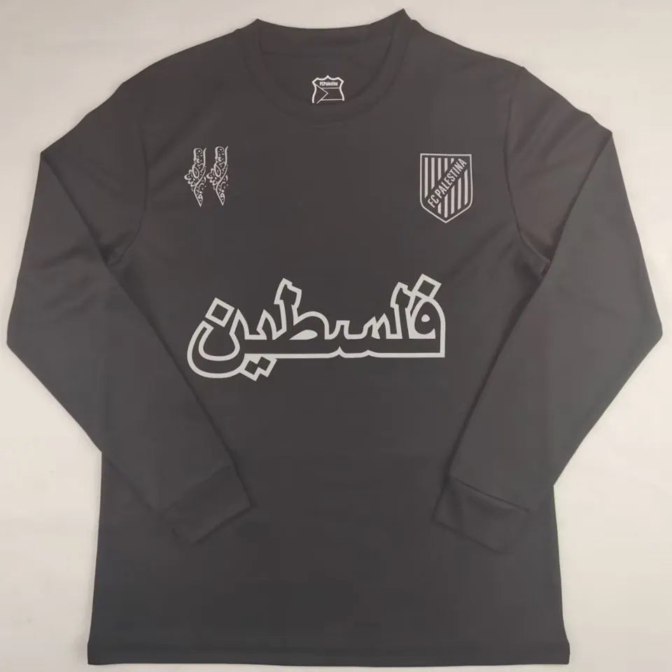 2025 Palestine Black Long Sleeve Soccer Jersey 白色阿拉伯文 Front