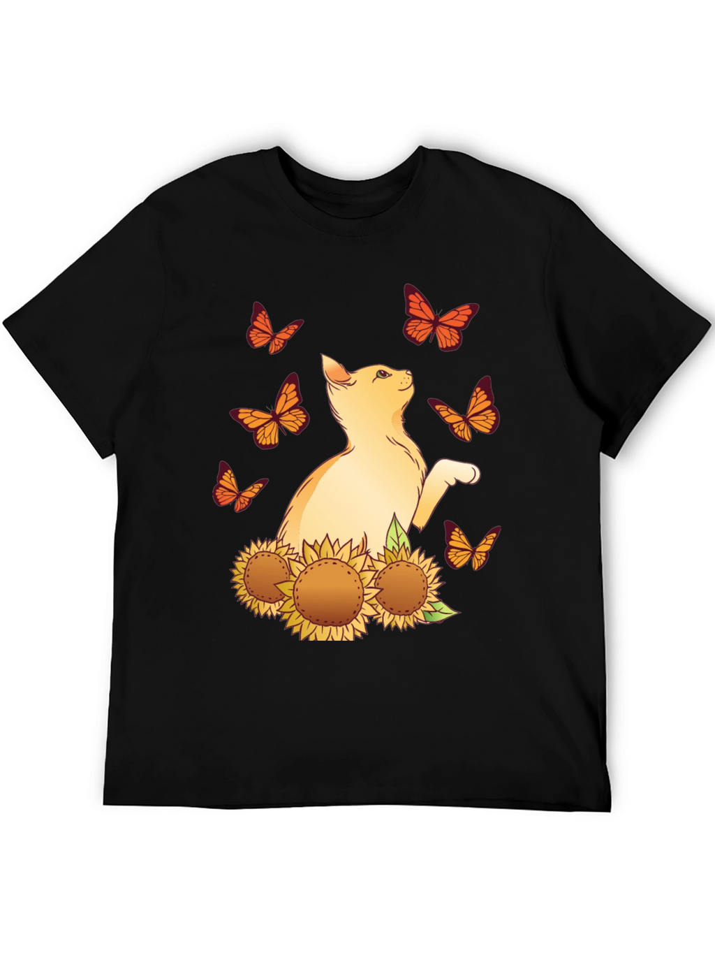 Cat & Sunflower Graphic Tee - Black