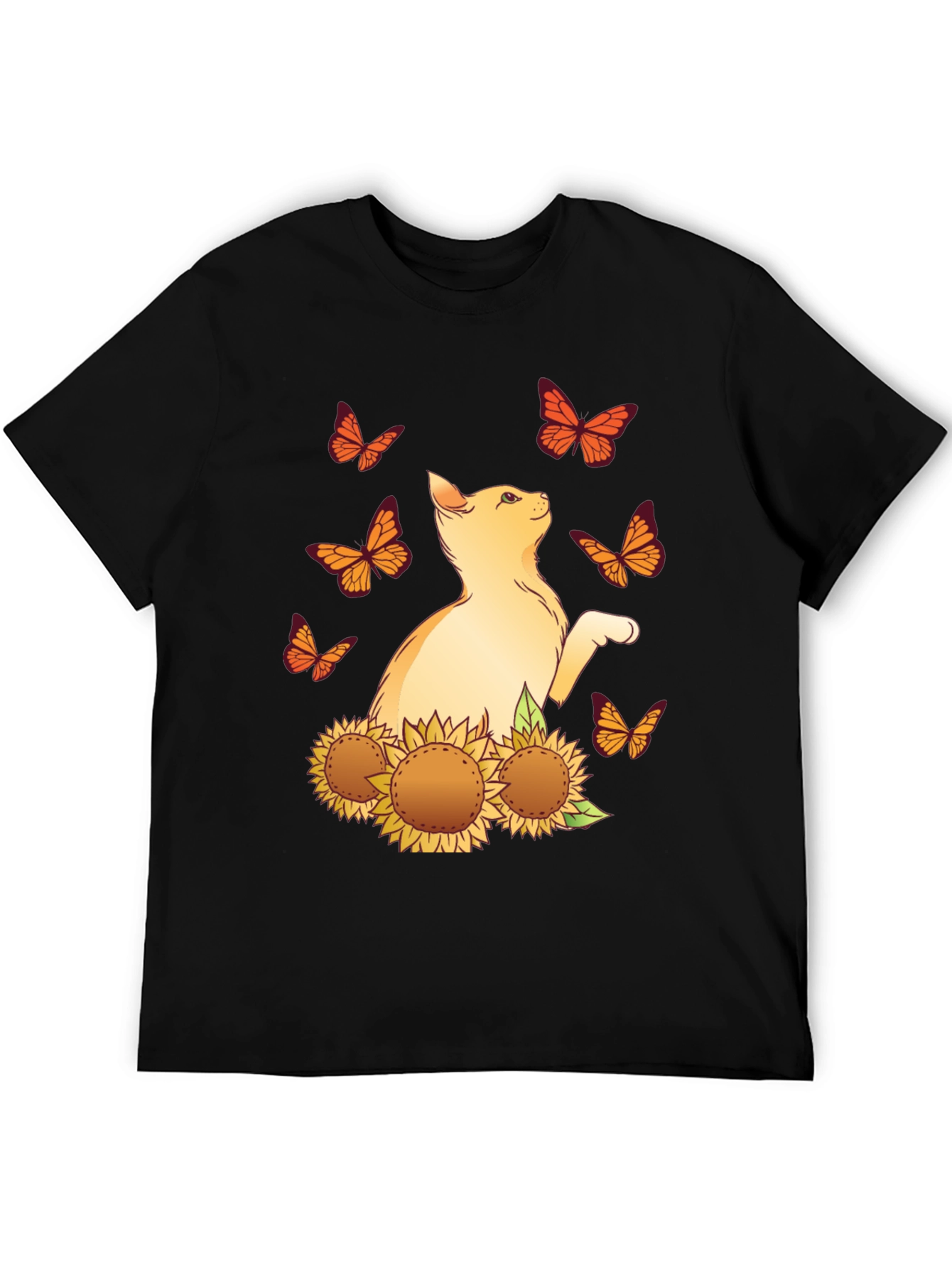 Cat & Sunflower Graphic Tee - Black